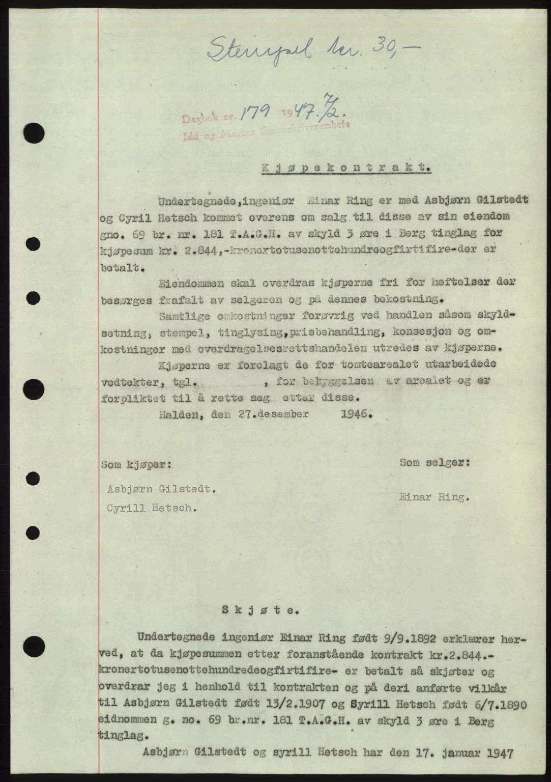 Idd og Marker sorenskriveri, SAO/A-10283/G/Gb/Gbb/L0009: Pantebok nr. A9, 1946-1947, Dagboknr: 179/1947