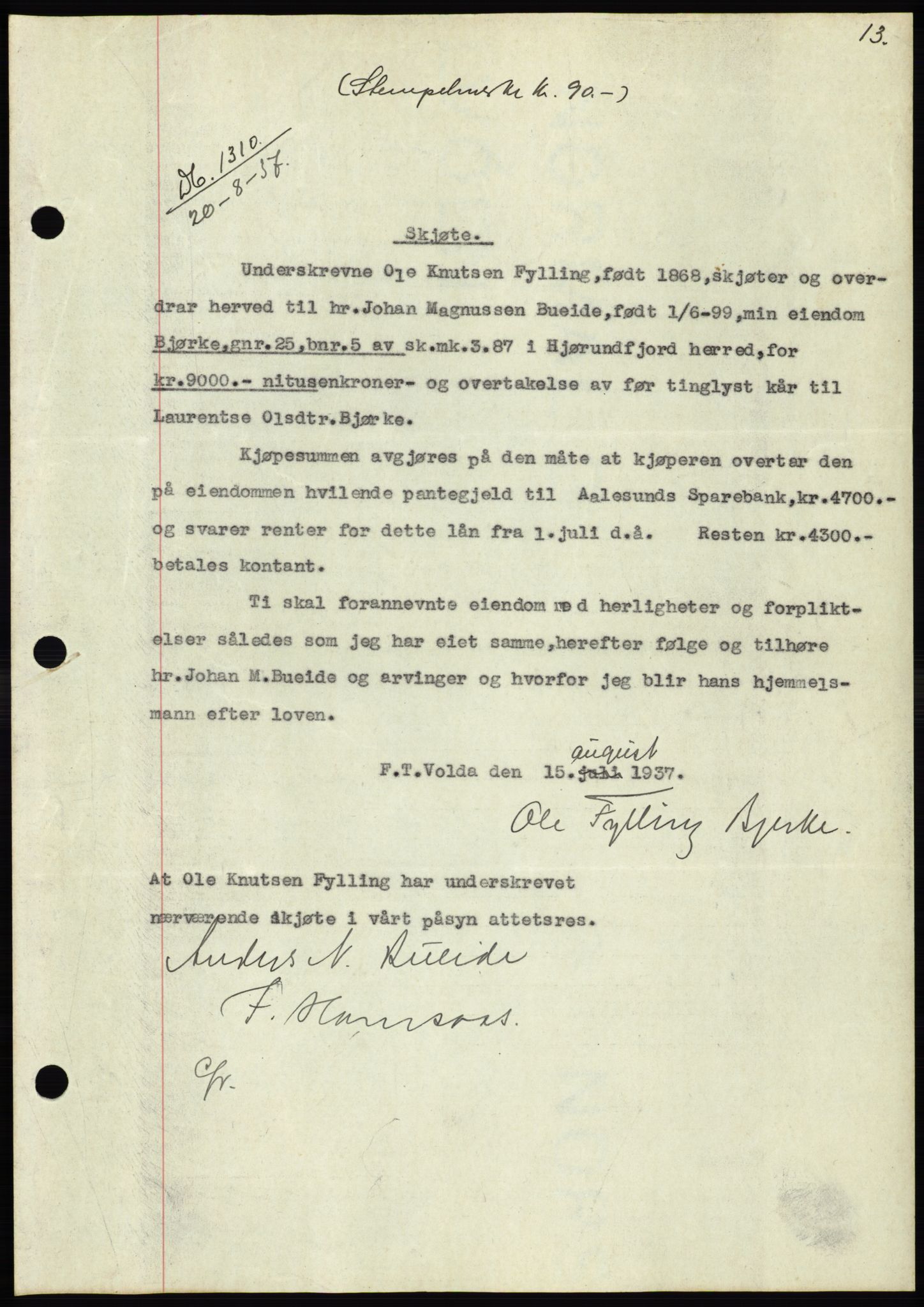 Søre Sunnmøre sorenskriveri, SAT/A-4122/1/2/2C/L0064: Pantebok nr. 58, 1937-1938, Dagboknr: 1310/1937