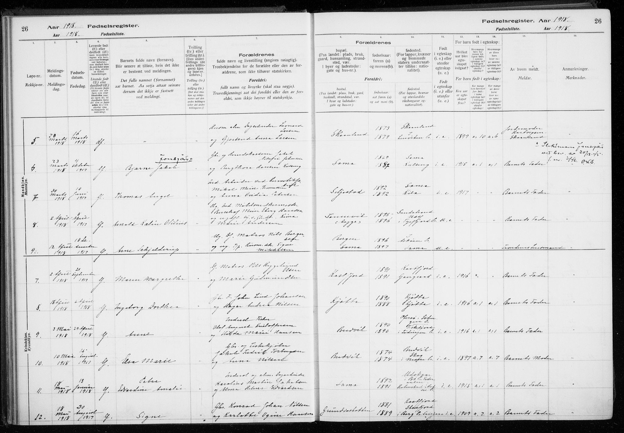 Trondenes sokneprestkontor, AV/SATØ-S-1319/I/Ia/L0089: Fødselsregister nr. 89, 1916-1925, s. 26