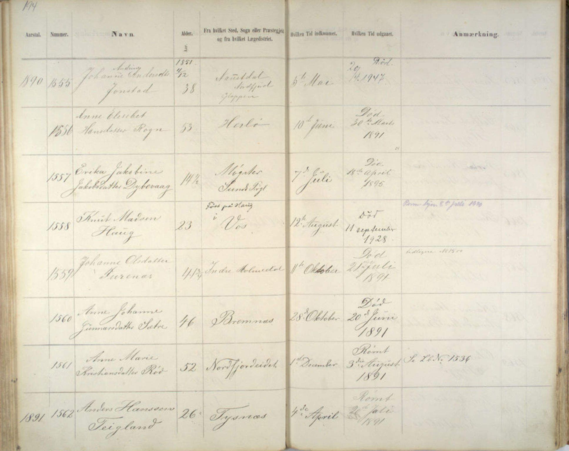 Lepraarkiver - Pleiestiftelsen for spedalske no.1, AV/SAB-A-60601/C/L0005: Av- og tilgangsliste, 1857-1955, s. 194