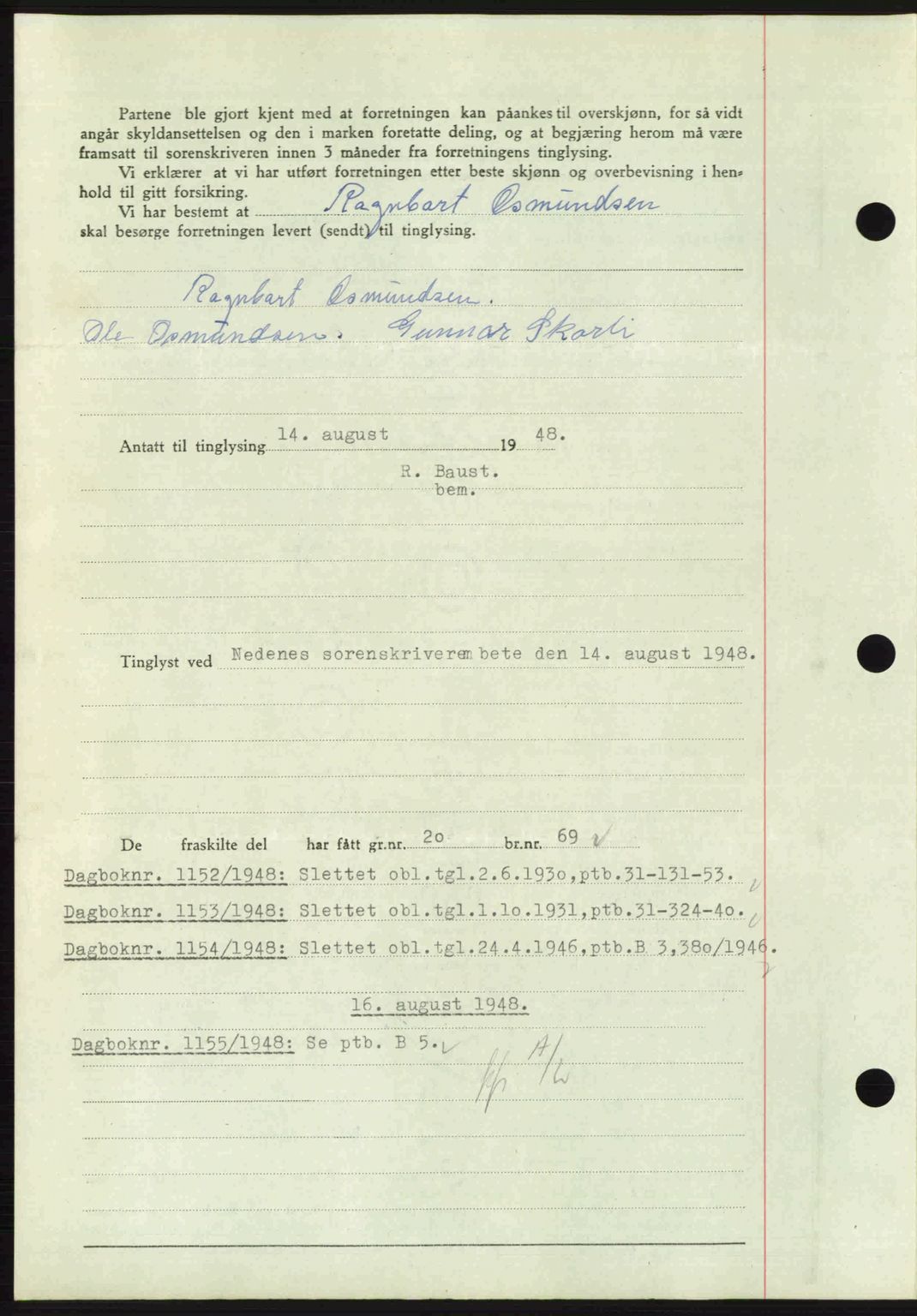 Nedenes sorenskriveri, AV/SAK-1221-0006/G/Gb/Gba/L0059: Pantebok nr. A11, 1948-1948, Dagboknr: 1151/1948