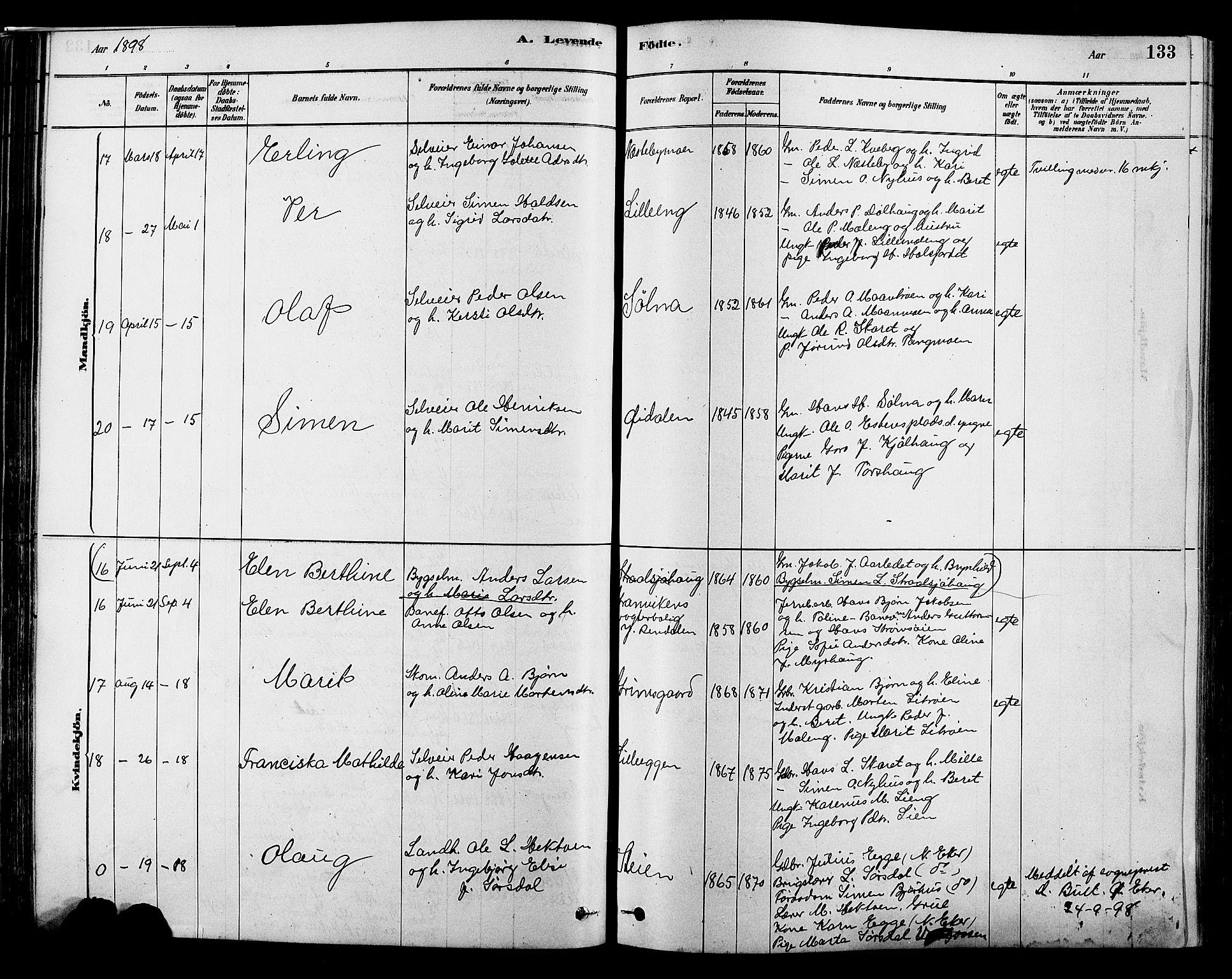 Alvdal prestekontor, SAH/PREST-060/H/Ha/Hab/L0003: Klokkerbok nr. 3, 1878-1907, s. 133