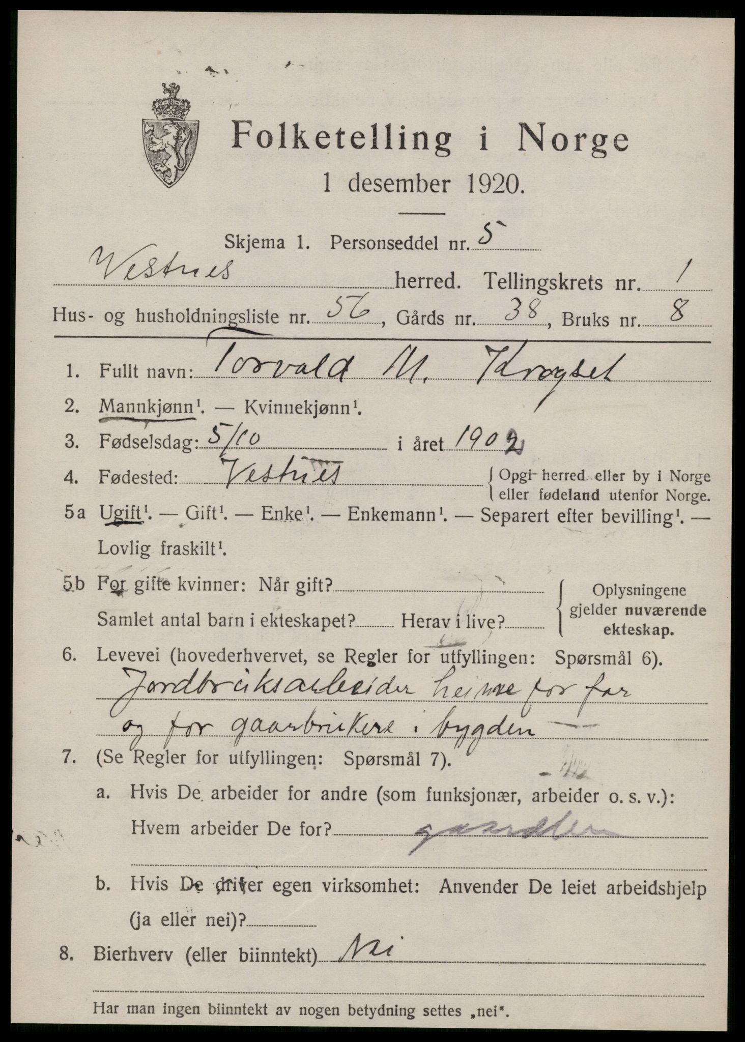 SAT, Folketelling 1920 for 1535 Vestnes herred, 1920, s. 1889