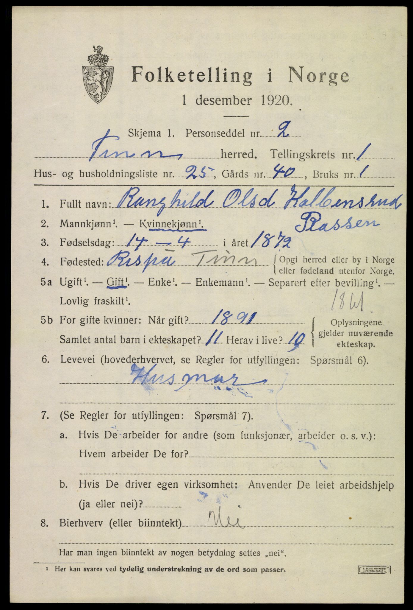 SAKO, Folketelling 1920 for 0826 Tinn herred, 1920, s. 3002