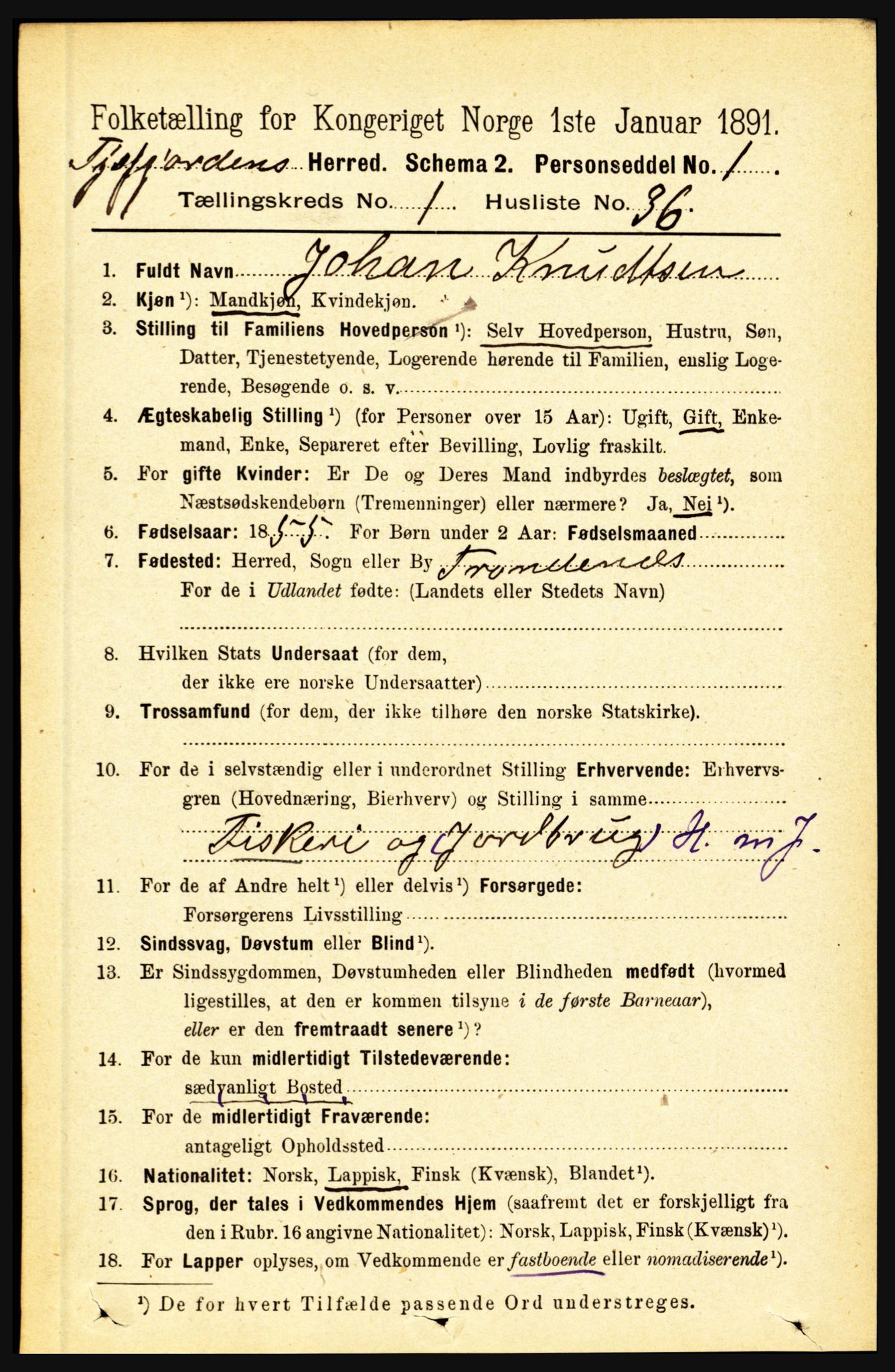 RA, Folketelling 1891 for 1850 Tysfjord herred, 1891, s. 307
