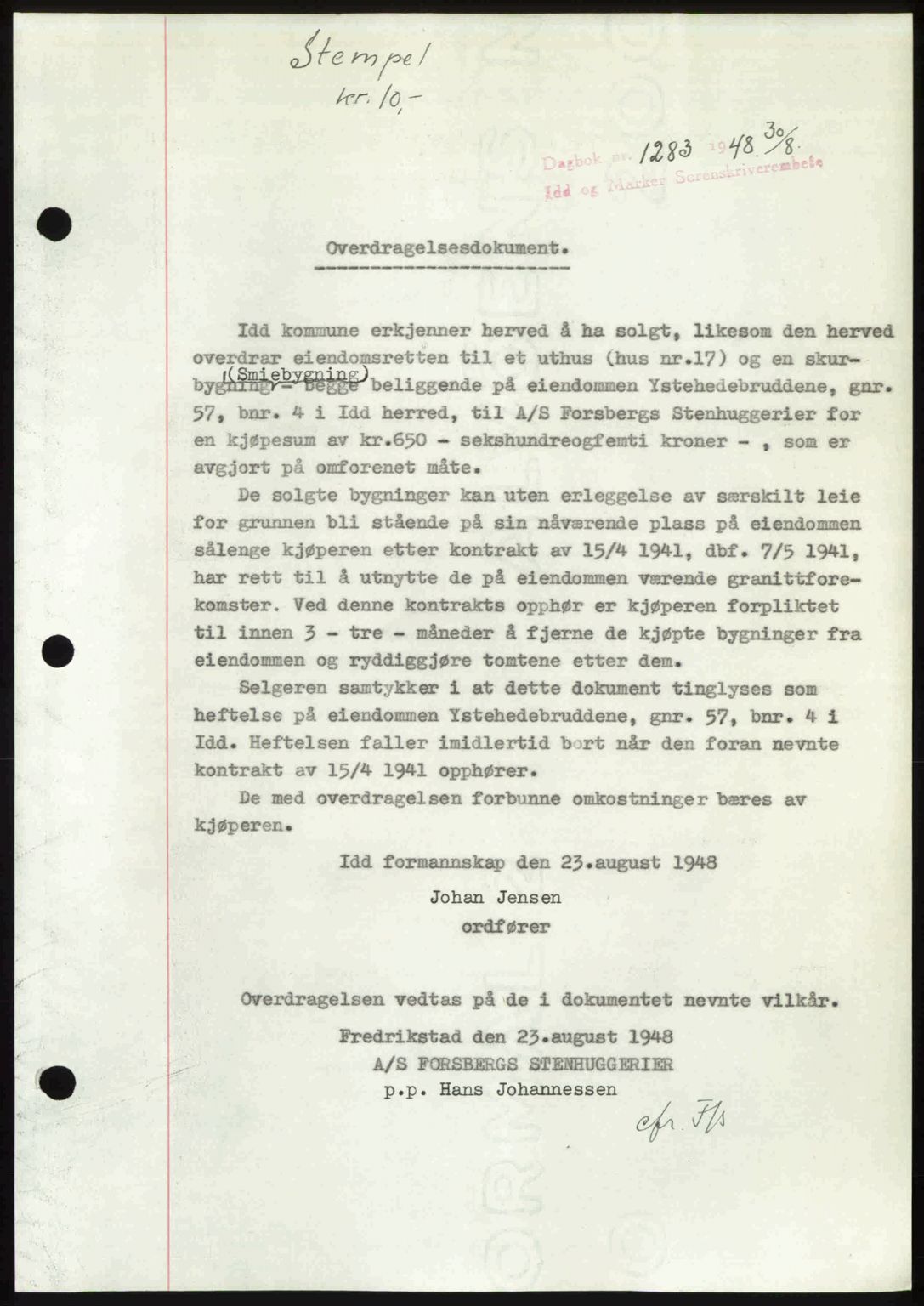 Idd og Marker sorenskriveri, SAO/A-10283/G/Gb/Gbb/L0011: Pantebok nr. A11, 1948-1949, Dagboknr: 1283/1948