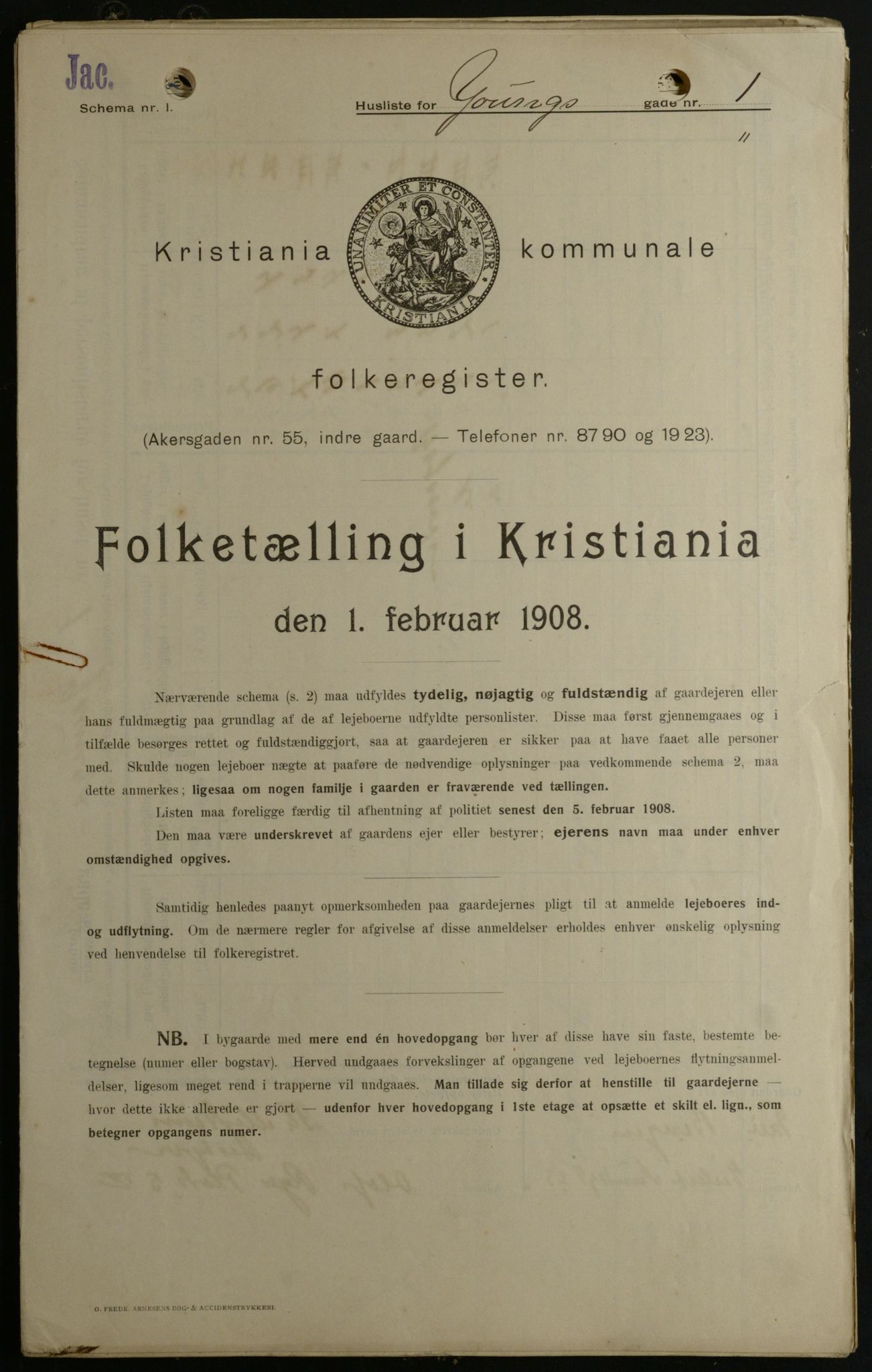 OBA, Kommunal folketelling 1.2.1908 for Kristiania kjøpstad, 1908, s. 115379