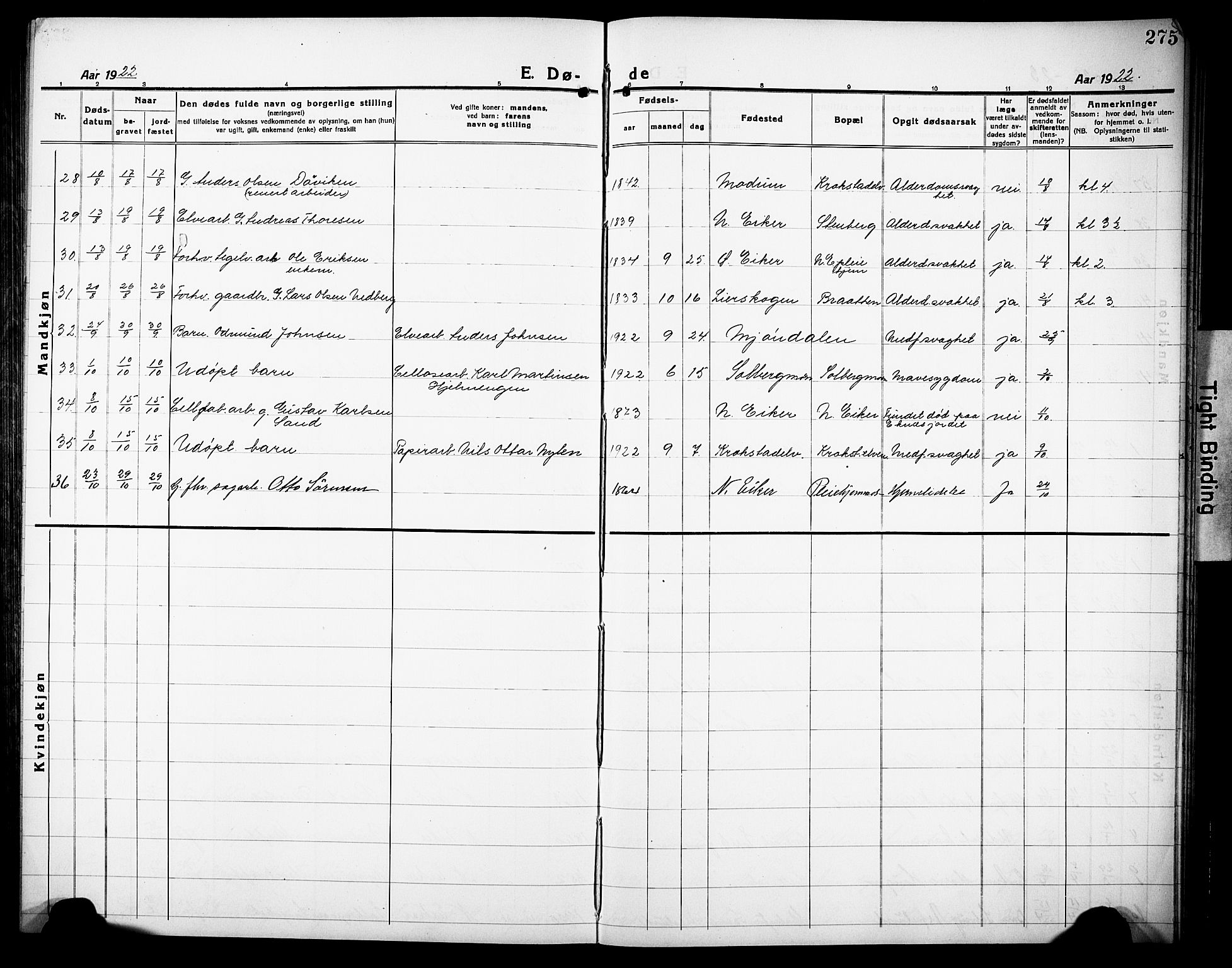 Nedre Eiker kirkebøker, AV/SAKO-A-612/G/Ga/L0006: Klokkerbok nr. 6, 1922-1933, s. 275