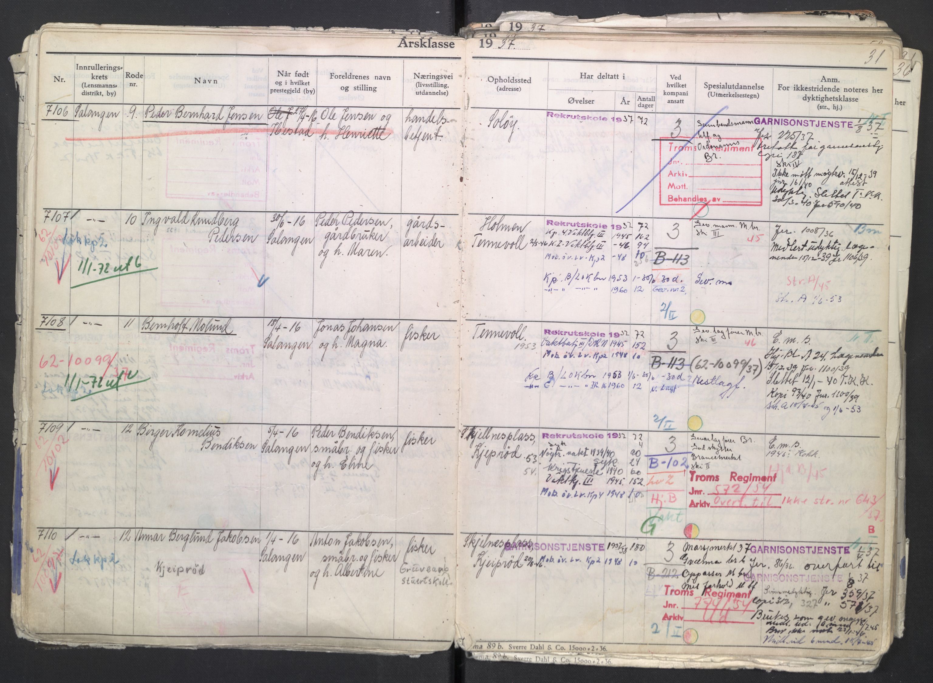 Forsvaret, Troms infanteriregiment nr. 16, AV/RA-RAFA-3146/P/Pa/L0007/0002: Ruller / Rulle for regimentets menige mannskaper, årsklasse 1937, 1937, s. 31