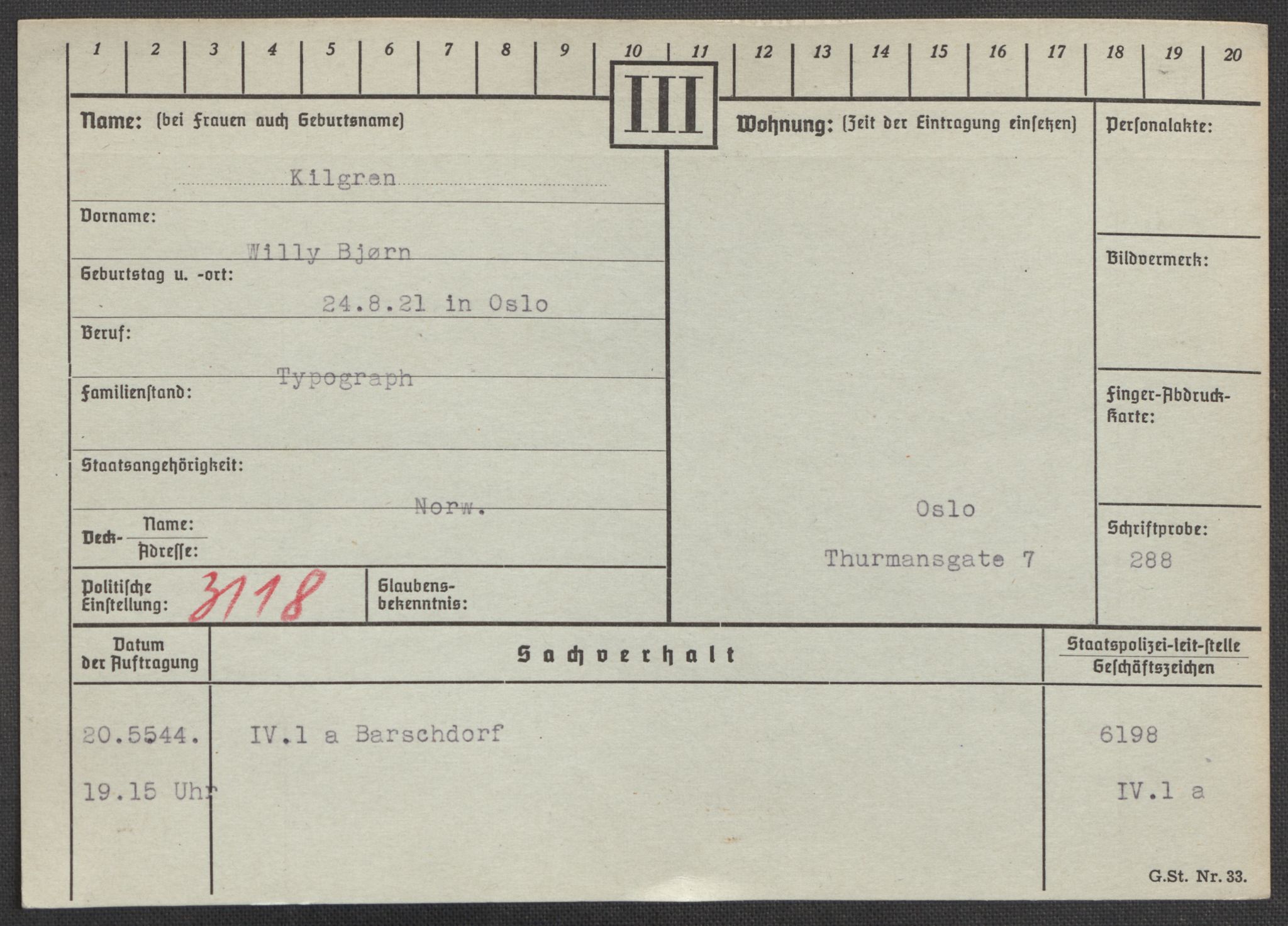 Befehlshaber der Sicherheitspolizei und des SD, AV/RA-RAFA-5969/E/Ea/Eaa/L0005: Register over norske fanger i Møllergata 19: Hø-Kj, 1940-1945, s. 1335