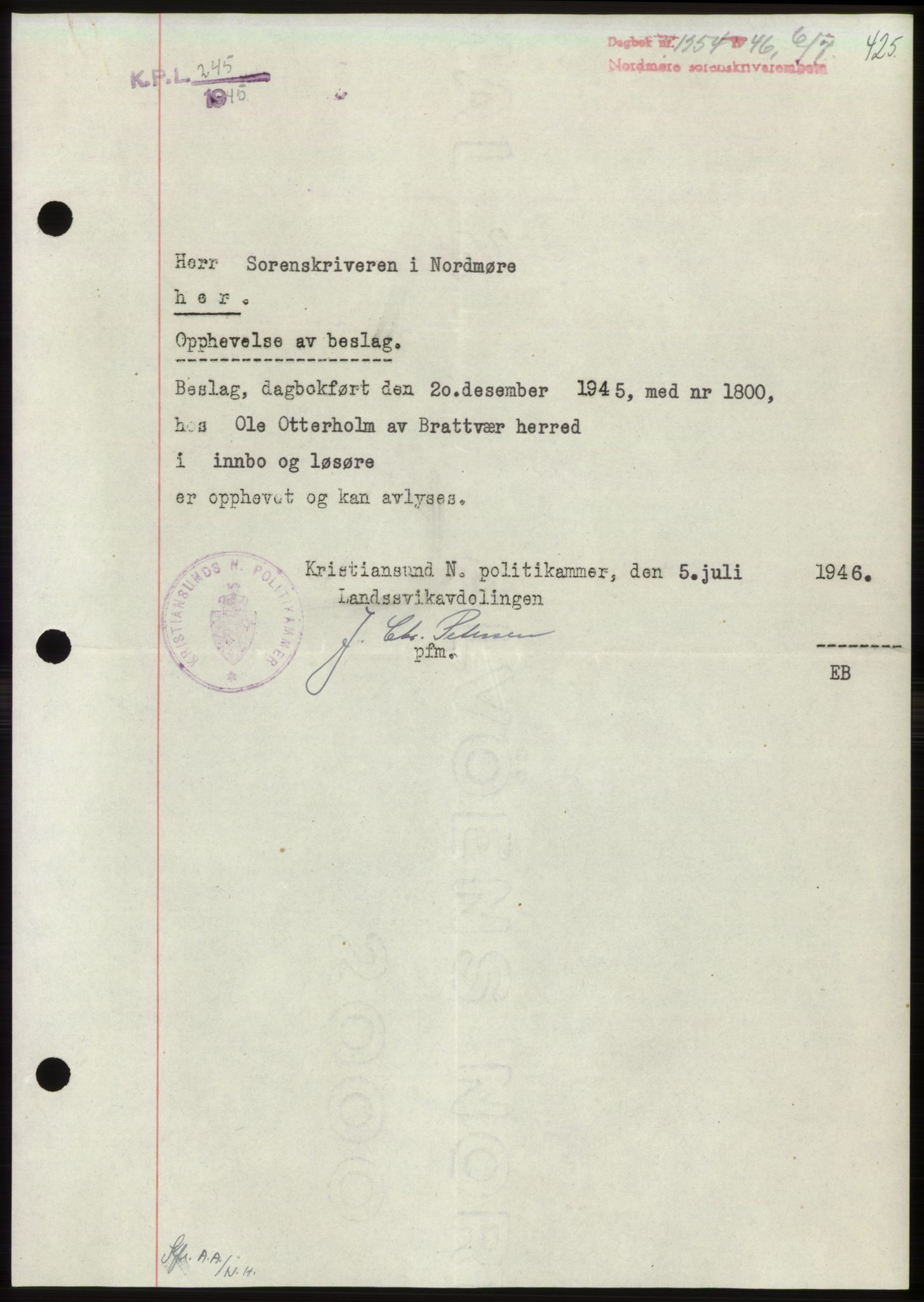 Nordmøre sorenskriveri, SAT/A-4132/1/2/2Ca: Pantebok nr. B94, 1946-1946, Dagboknr: 1254/1946