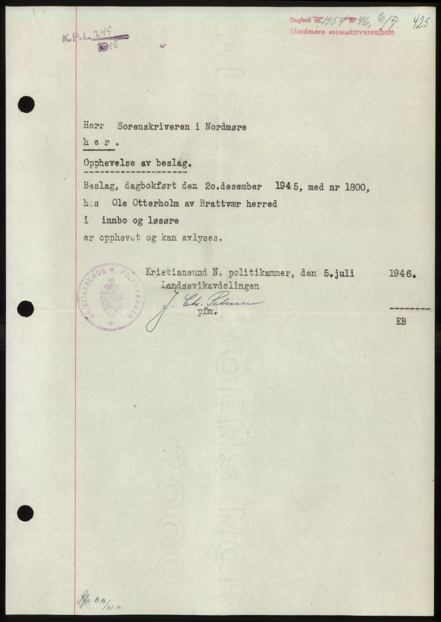 Nordmøre sorenskriveri, AV/SAT-A-4132/1/2/2Ca: Pantebok nr. B94, 1946-1946, Dagboknr: 1254/1946