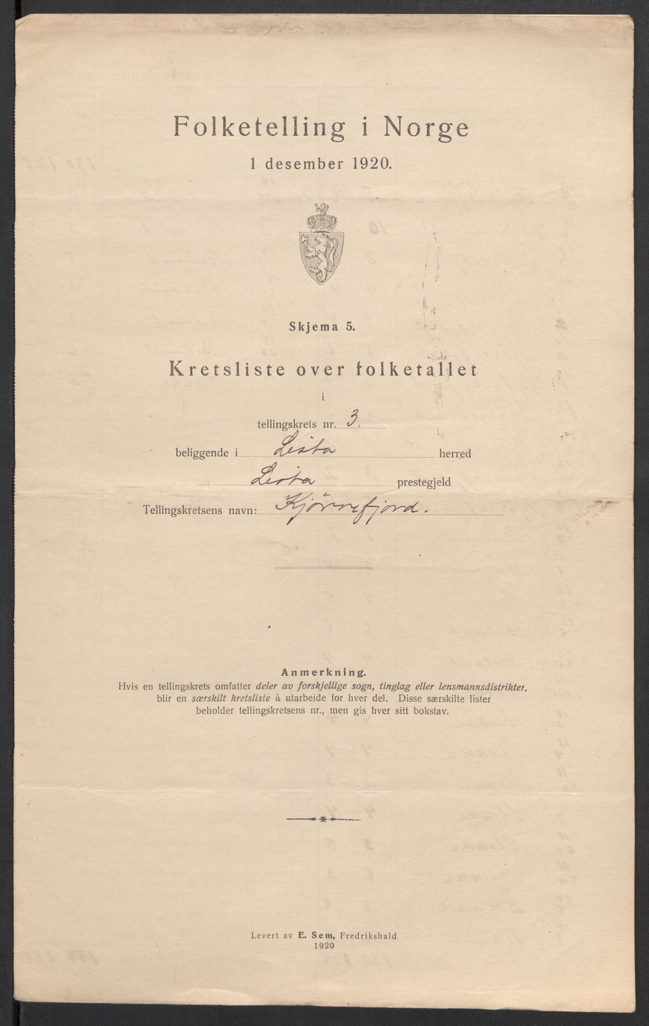 SAK, Folketelling 1920 for 1041 Lista herred, 1920, s. 15
