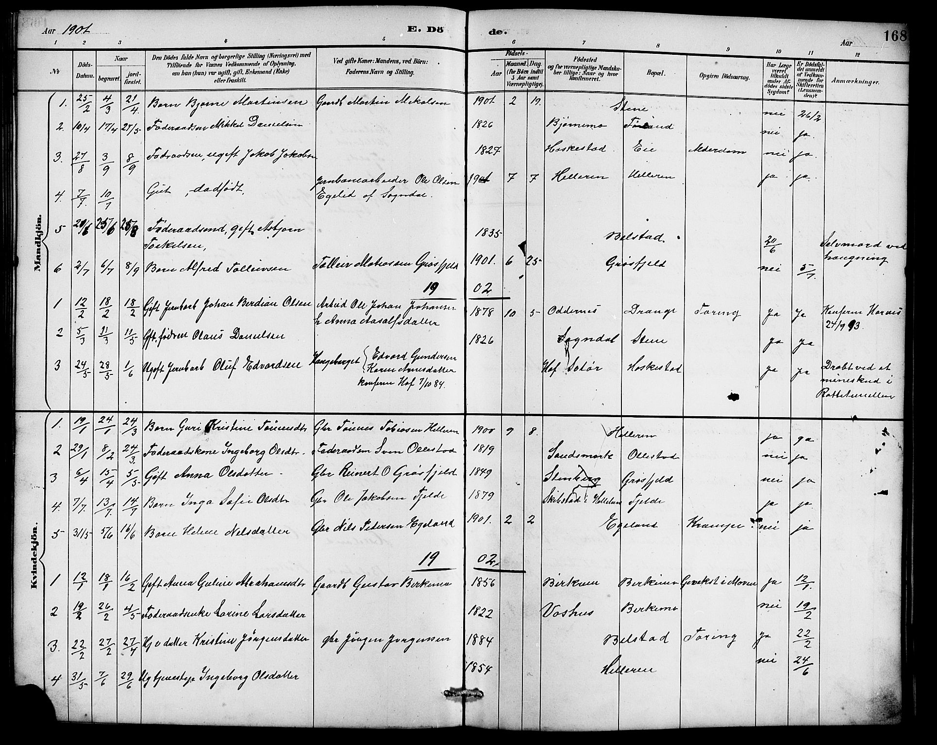 Lund sokneprestkontor, AV/SAST-A-101809/S07/L0007: Klokkerbok nr. B 7, 1890-1925, s. 168