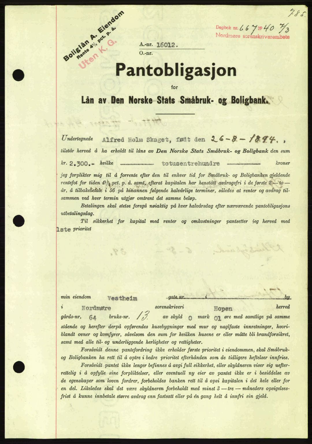 Nordmøre sorenskriveri, AV/SAT-A-4132/1/2/2Ca: Pantebok nr. B86, 1939-1940, Dagboknr: 667/1940