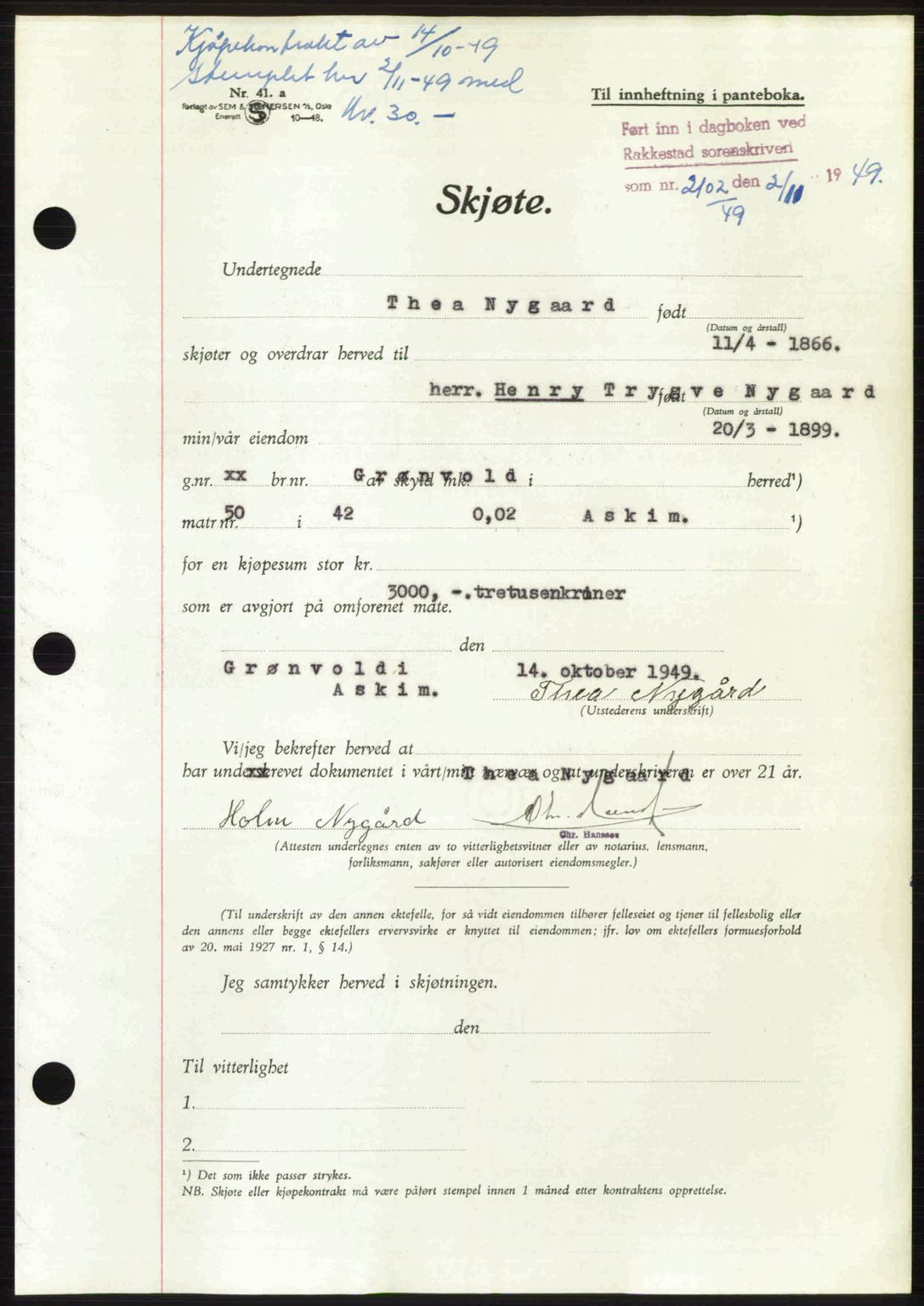 Rakkestad sorenskriveri, SAO/A-10686/G/Gb/Gba/Gbab/L0019: Pantebok nr. A19, 1949-1950, Dagboknr: 2102/1949