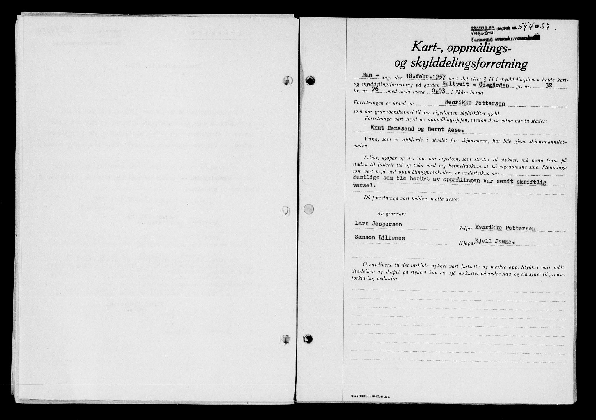 Karmsund sorenskriveri, SAST/A-100311/01/II/IIB/L0124: Pantebok nr. 104A, 1957-1957, Dagboknr: 544/1957