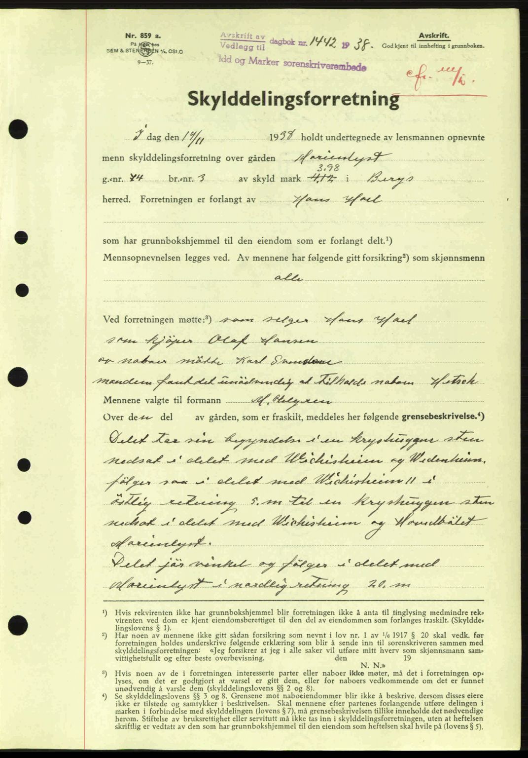 Idd og Marker sorenskriveri, AV/SAO-A-10283/G/Gb/Gbb/L0003: Pantebok nr. A3, 1938-1939, Dagboknr: 1442/1938