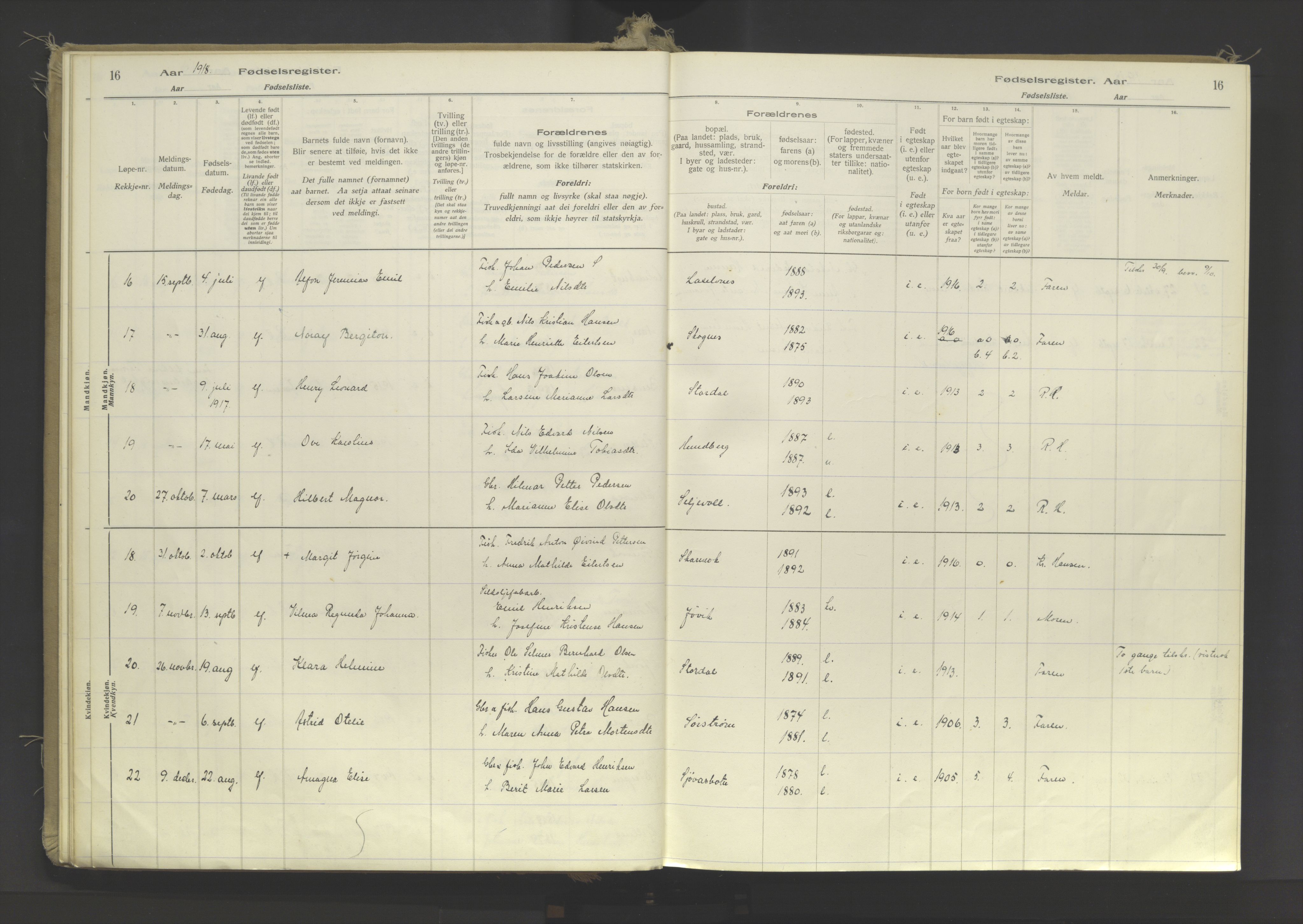 Lyngen sokneprestembete, AV/SATØ-S-1289/I/Ia/L0078: Fødselsregister nr. 78, 1916-1950, s. 16