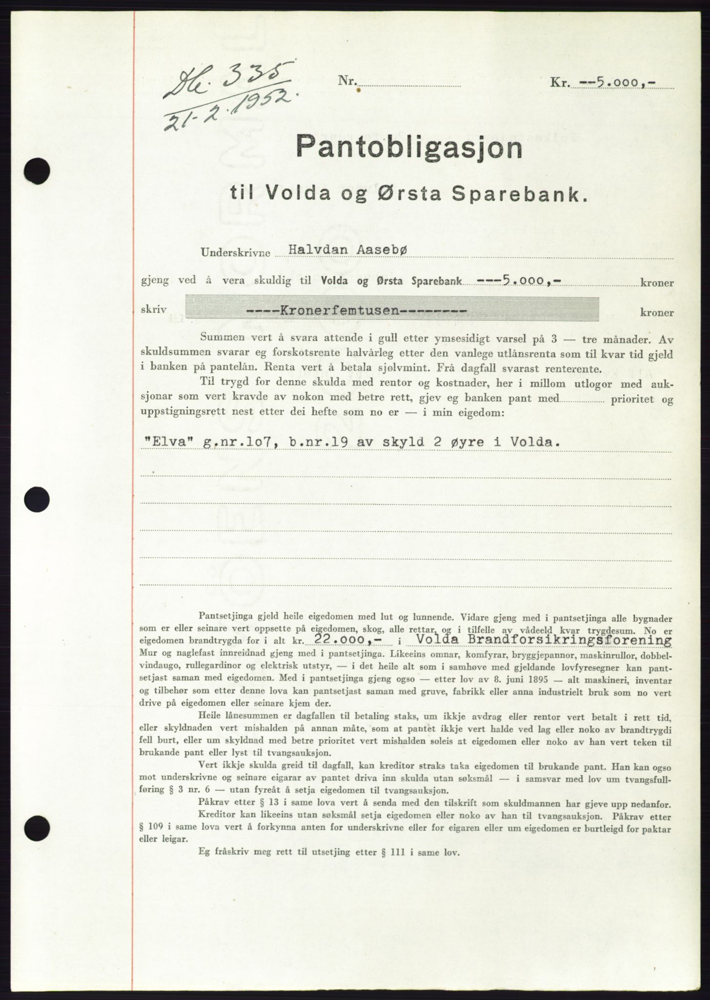 Søre Sunnmøre sorenskriveri, AV/SAT-A-4122/1/2/2C/L0121: Pantebok nr. 9B, 1951-1952, Dagboknr: 335/1952