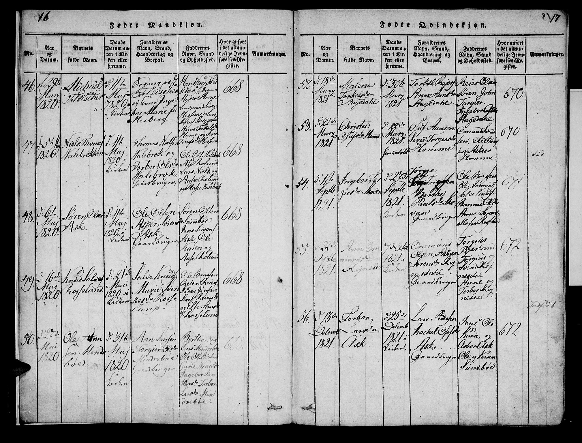 Bjelland sokneprestkontor, SAK/1111-0005/F/Fa/Faa/L0002: Ministerialbok nr. A 2, 1816-1866, s. 16-17
