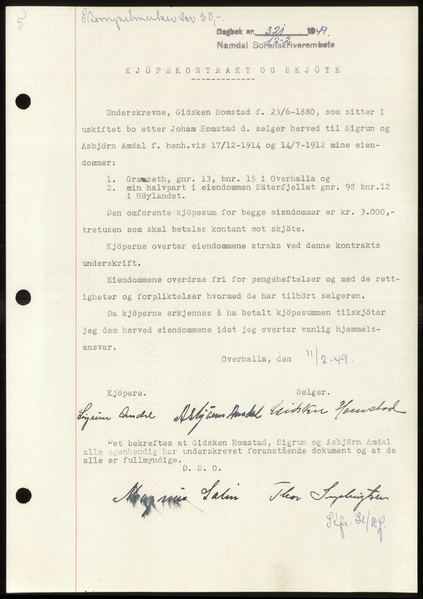 Namdal sorenskriveri, SAT/A-4133/1/2/2C: Pantebok nr. -, 1949-1949, Dagboknr: 321/1949