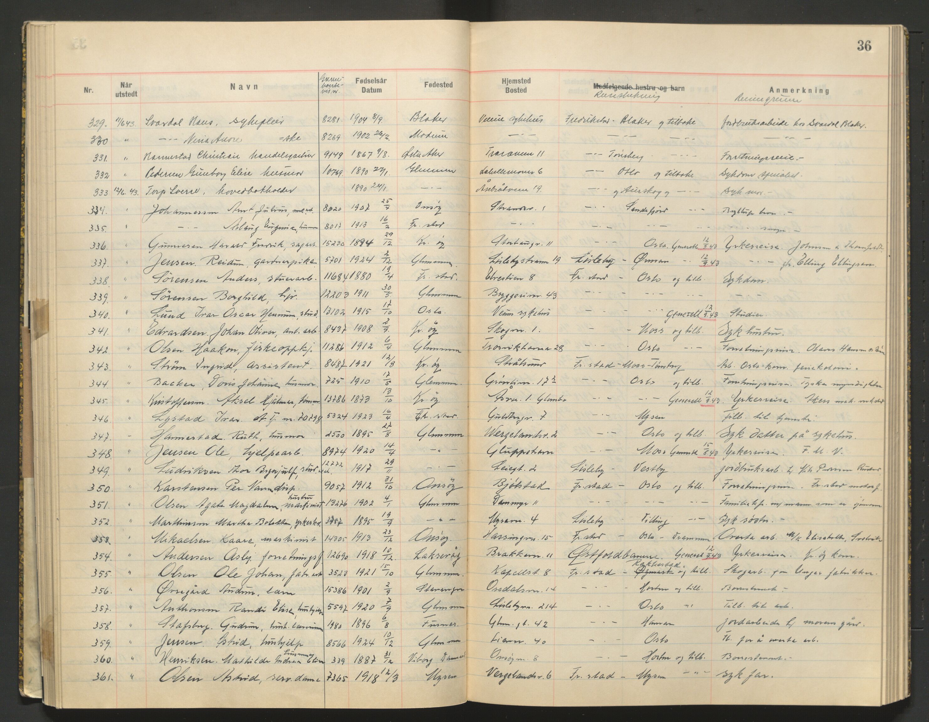 Glemmen lensmannskontor, AV/SAO-A-10123/I/Ic/Ica/L0002: Protokoll over utstedte nordiske reisekort (1939-1940) og utstedte reisetillatelser med jernbanen (1943), 1939-1943, s. 36