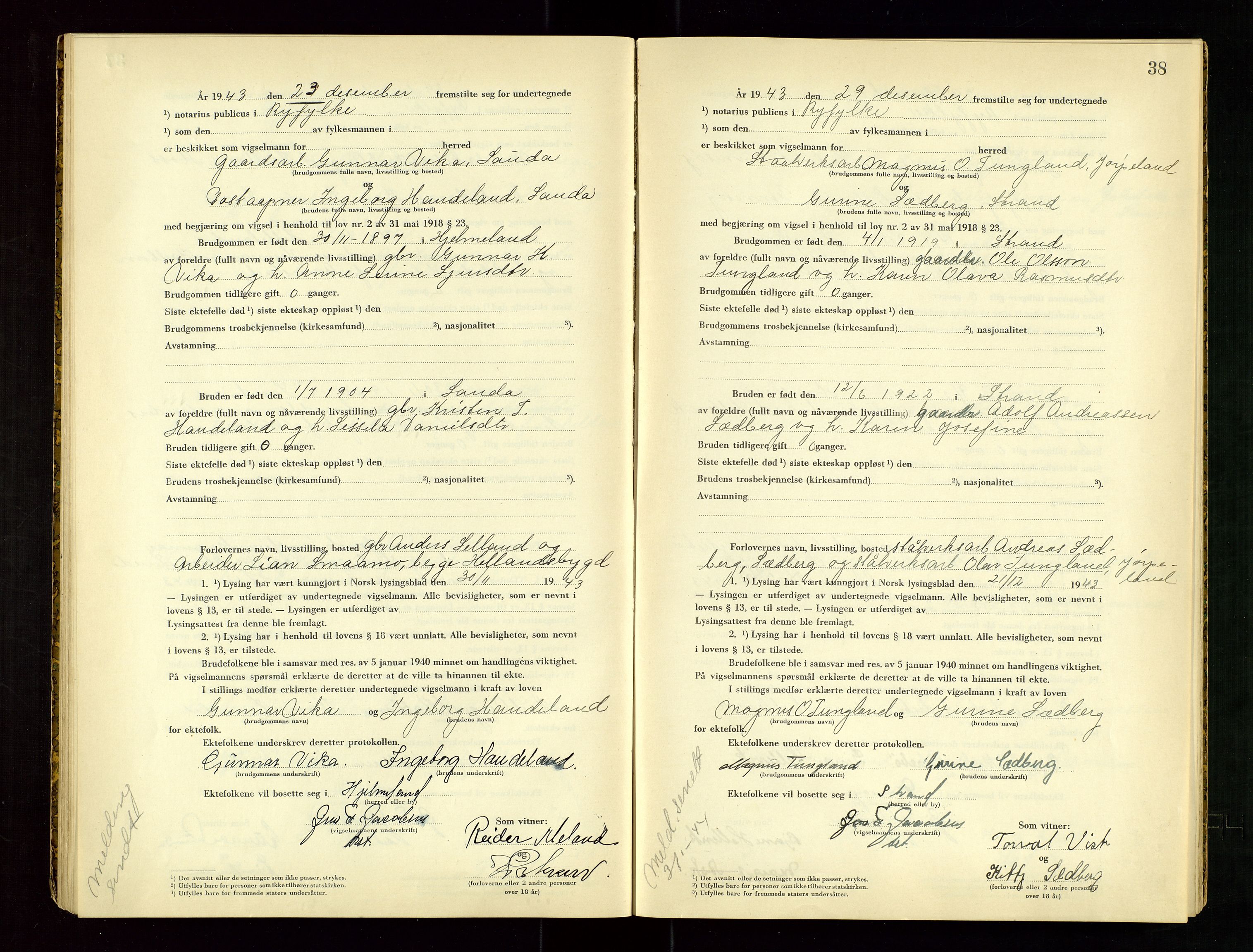 Ryfylke tingrett, AV/SAST-A-100055/001/III/IIIC/L0003: Vigselbok, 1943-1944, s. 38