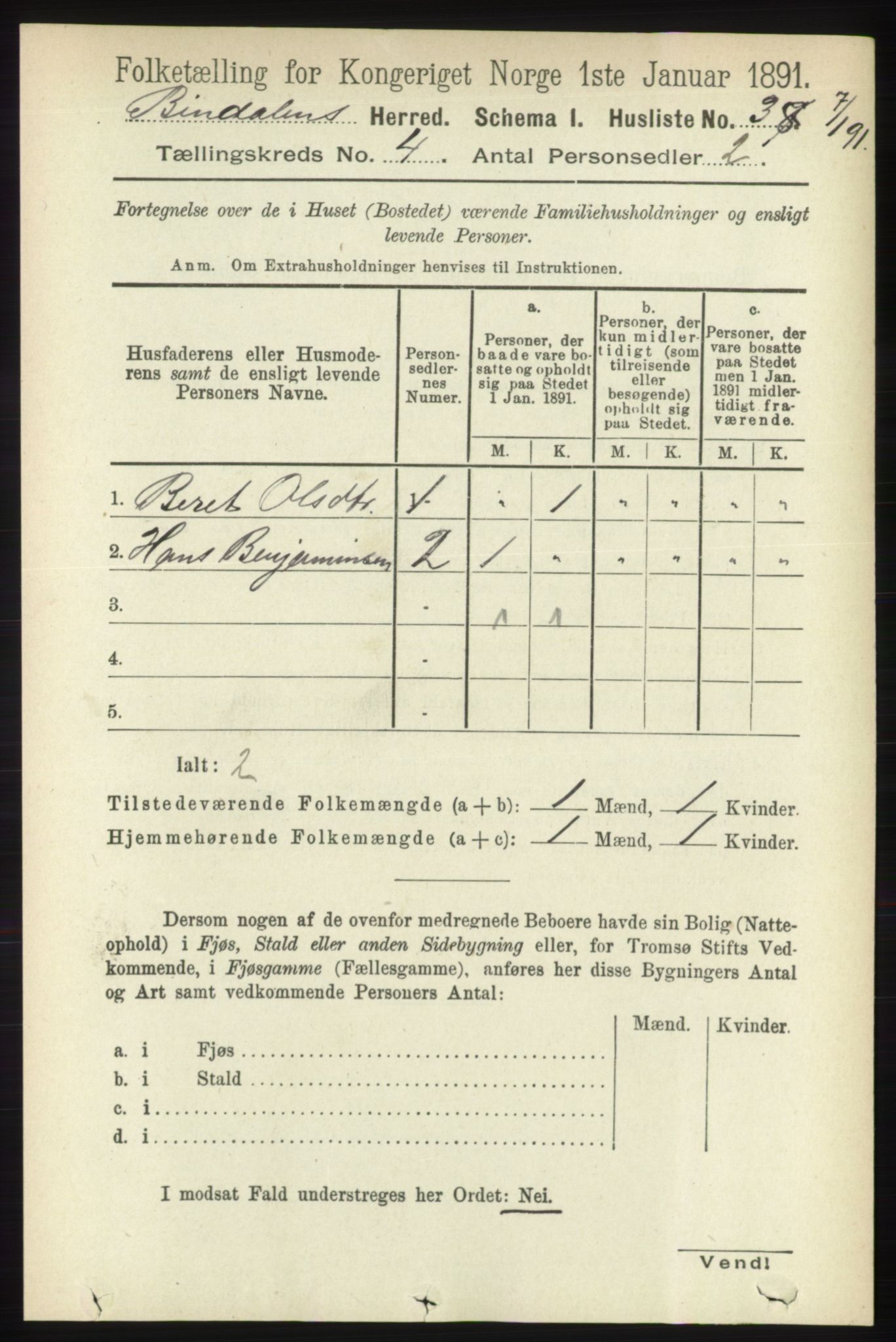 RA, Folketelling 1891 for 1811 Bindal herred, 1891, s. 1027