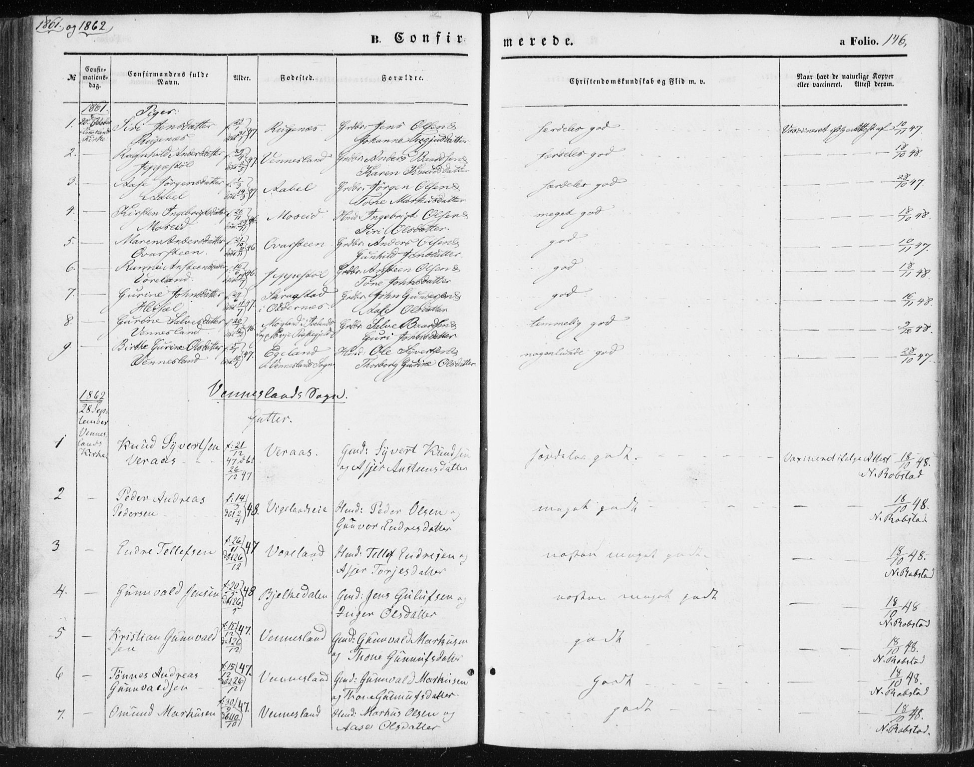 Vennesla sokneprestkontor, AV/SAK-1111-0045/Fa/Fac/L0007: Ministerialbok nr. A 7, 1855-1873, s. 146