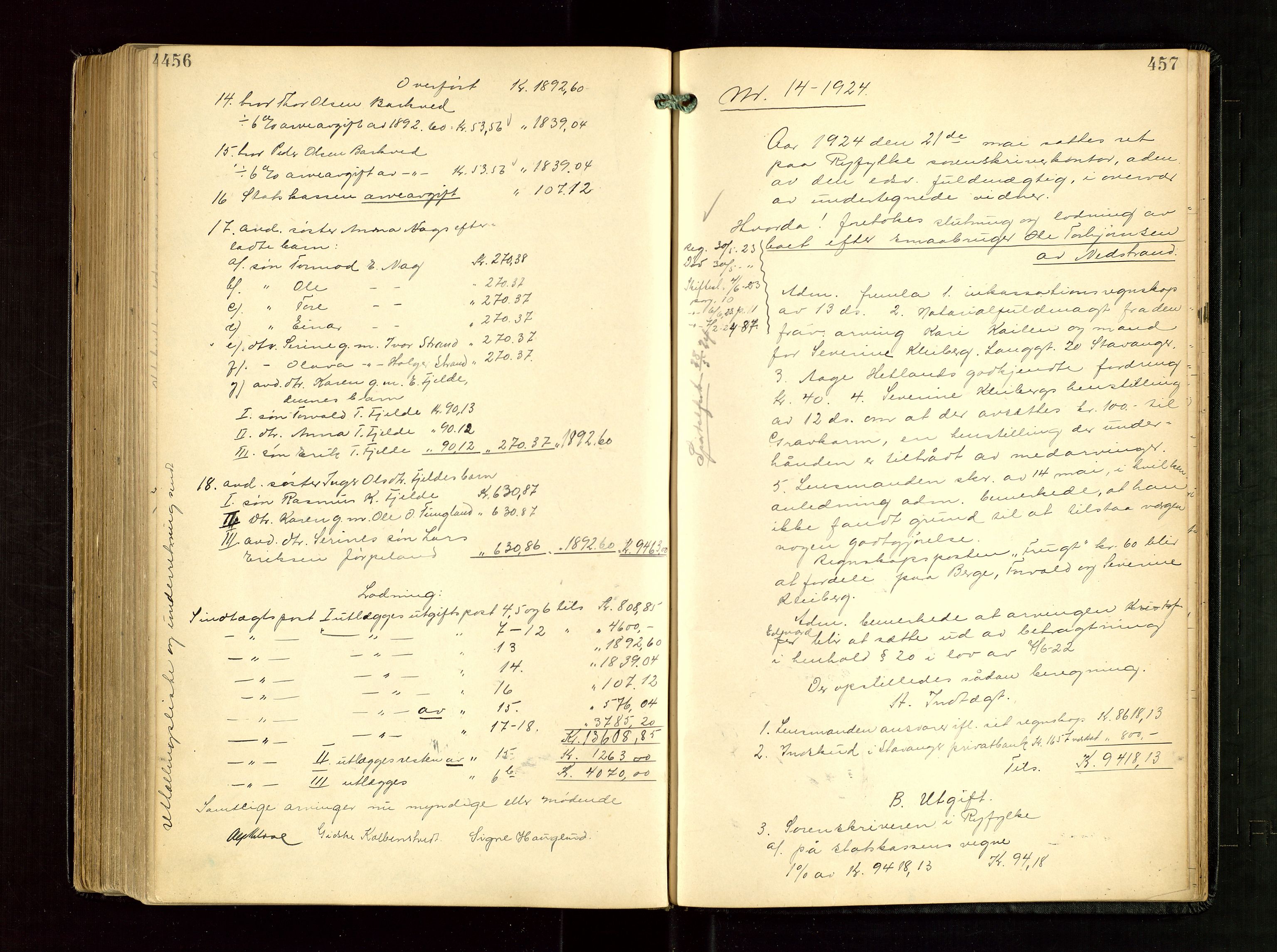 Ryfylke tingrett, AV/SAST-A-100055/001/IV/IVG/L0005: Skifteudlodningsprotokoll Med register, 1918-1924, s. 456-457