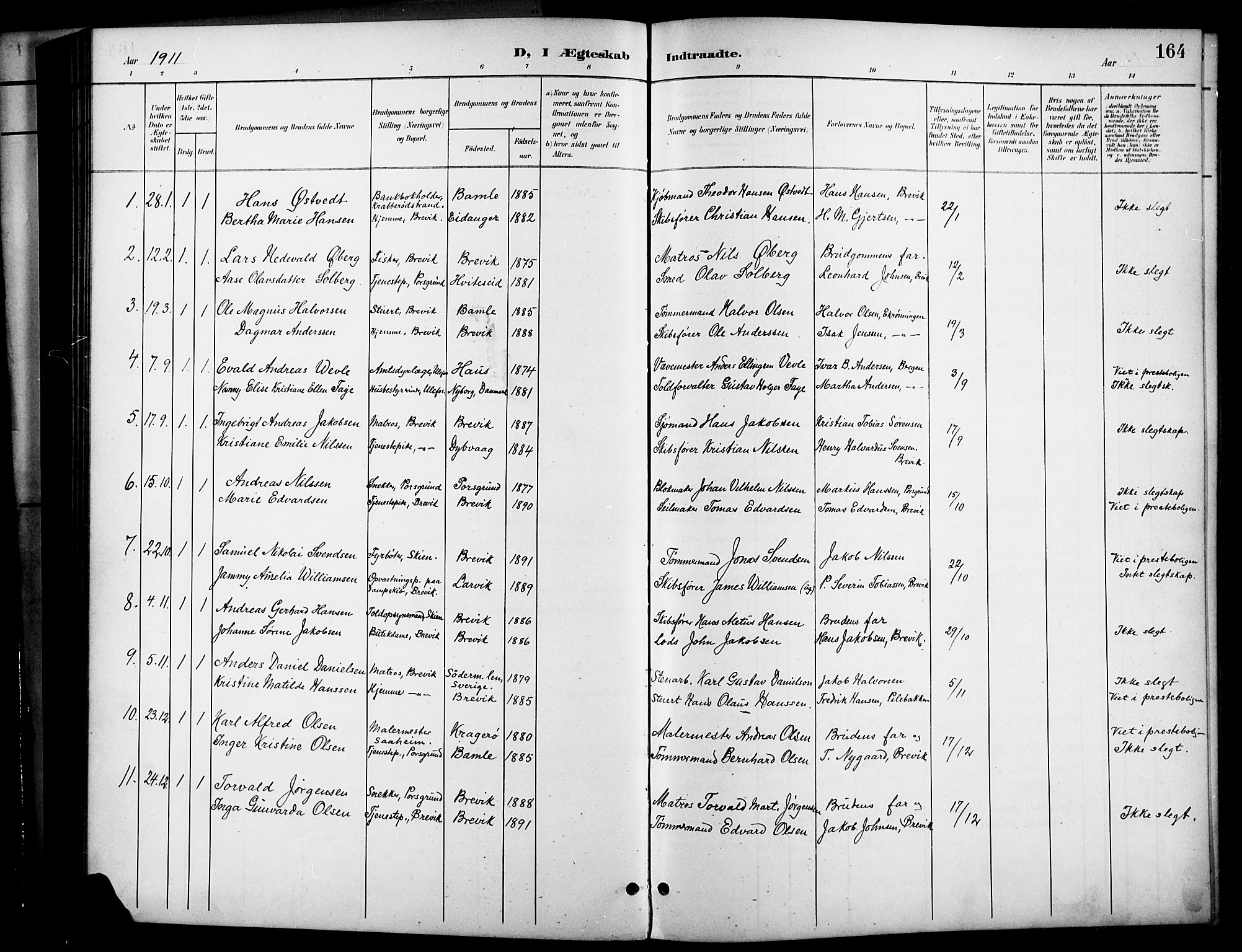 Brevik kirkebøker, AV/SAKO-A-255/G/Ga/L0005: Klokkerbok nr. 5, 1901-1924, s. 164