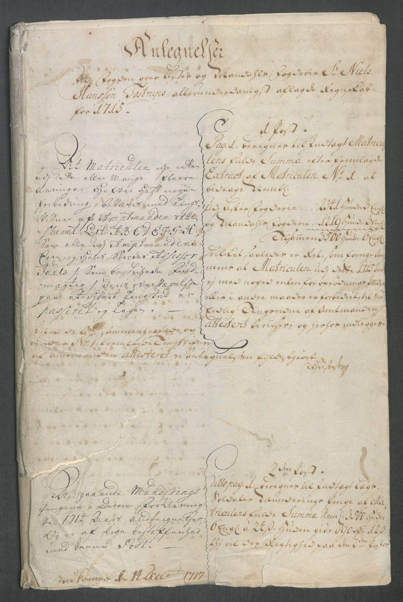 Rentekammeret inntil 1814, Reviderte regnskaper, Fogderegnskap, RA/EA-4092/R43/L2559: Fogderegnskap Lista og Mandal, 1715, s. 294