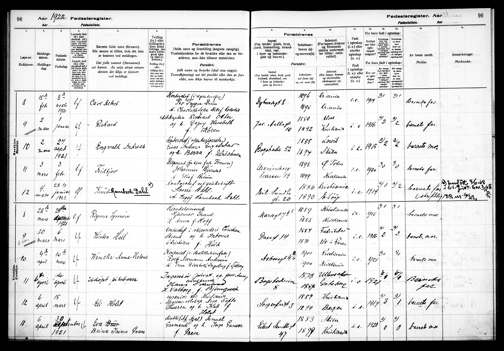 Uranienborg prestekontor Kirkebøker, AV/SAO-A-10877/J/Ja/L0001: Fødselsregister nr. 1, 1916-1930, s. 96