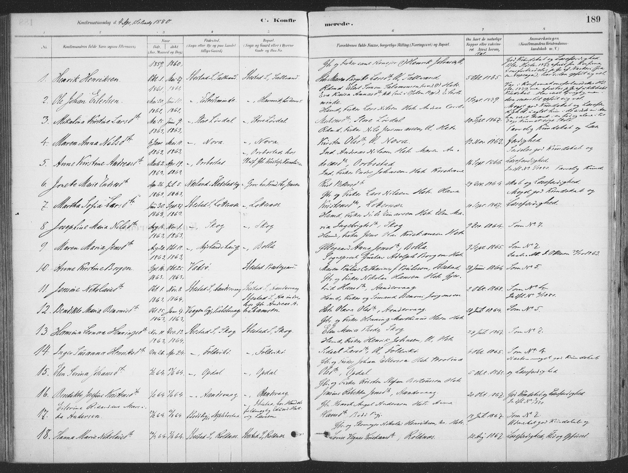 Ibestad sokneprestembete, AV/SATØ-S-0077/H/Ha/Haa/L0011kirke: Ministerialbok nr. 11, 1880-1889, s. 189