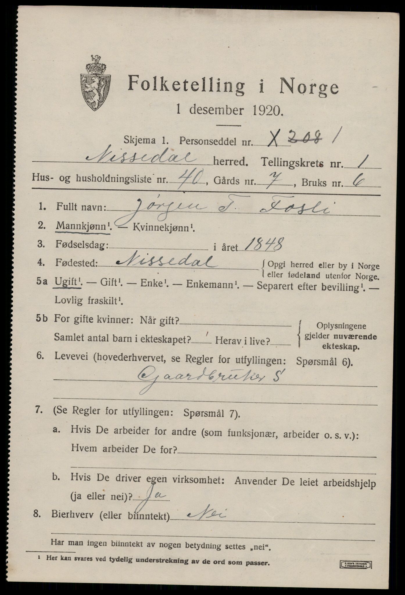 SAKO, Folketelling 1920 for 0830 Nissedal herred, 1920, s. 1249