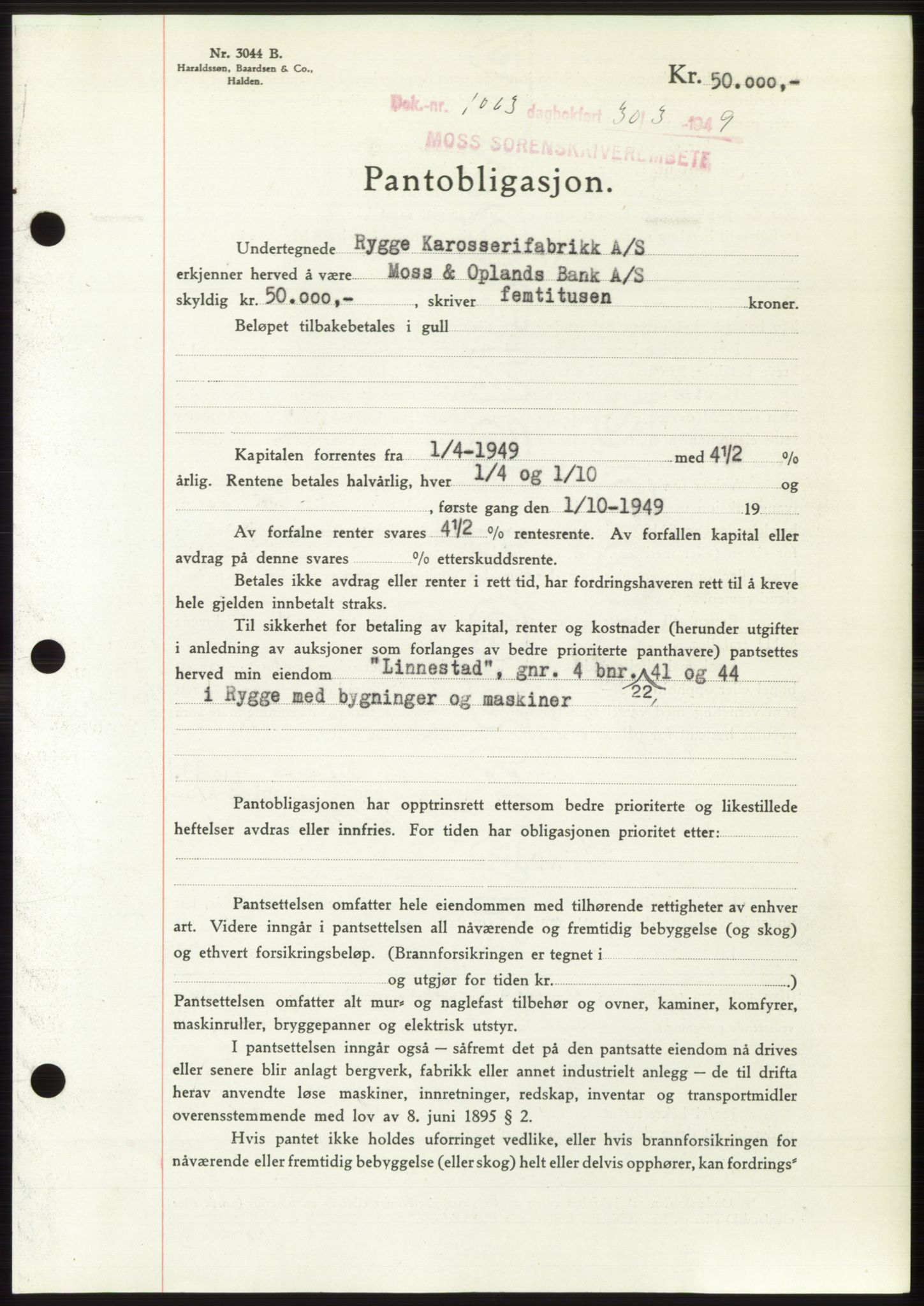 Moss sorenskriveri, SAO/A-10168: Pantebok nr. B21, 1949-1949, Dagboknr: 1063/1949