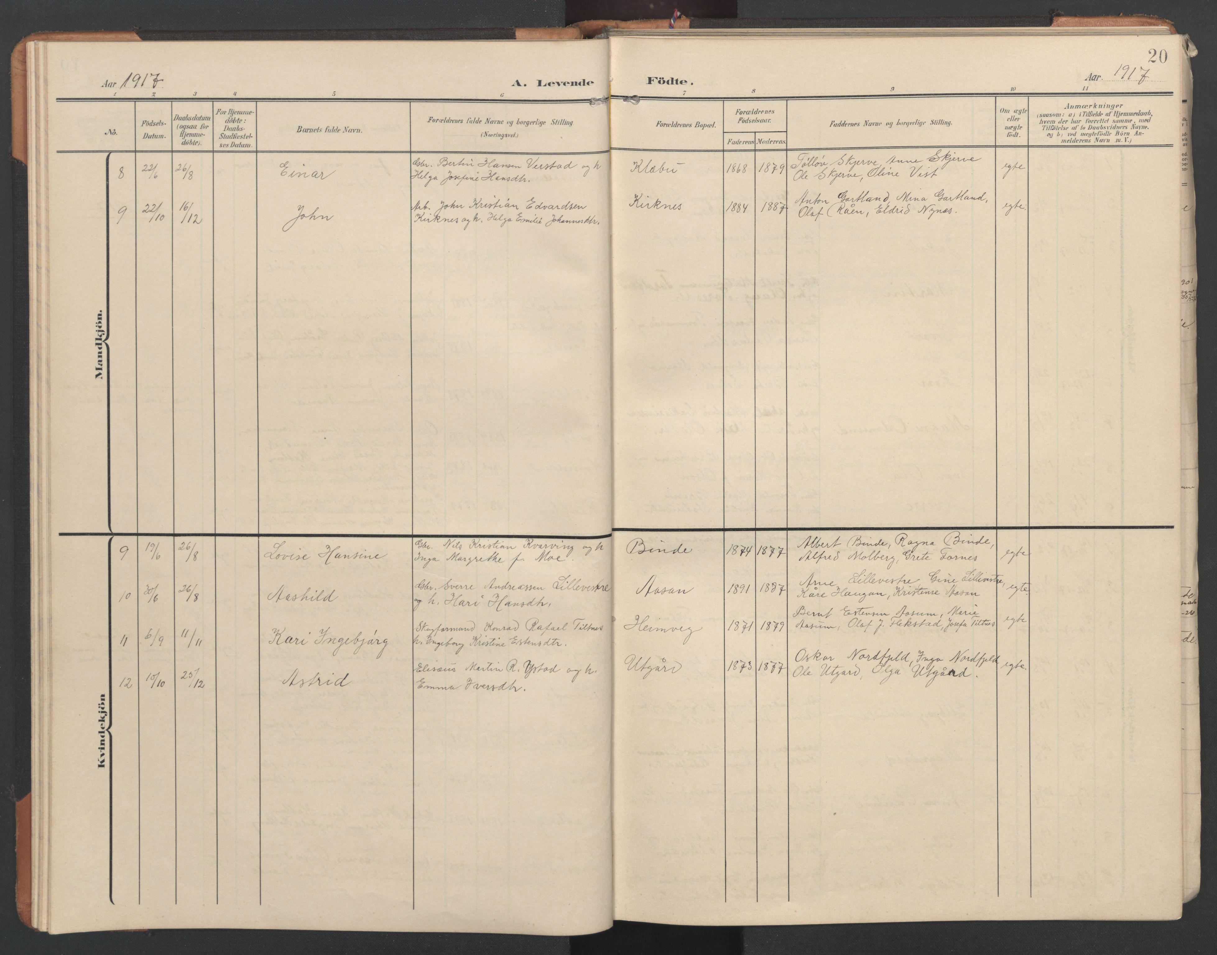 Ministerialprotokoller, klokkerbøker og fødselsregistre - Nord-Trøndelag, AV/SAT-A-1458/746/L0455: Klokkerbok nr. 746C01, 1908-1933, s. 20