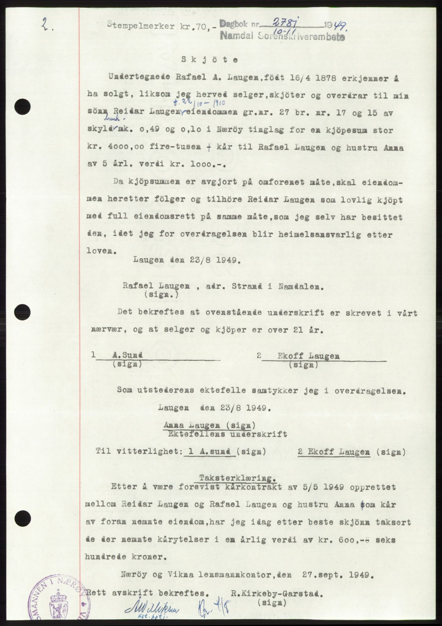 Namdal sorenskriveri, SAT/A-4133/1/2/2C: Pantebok nr. -, 1949-1949, Dagboknr: 2781/1949