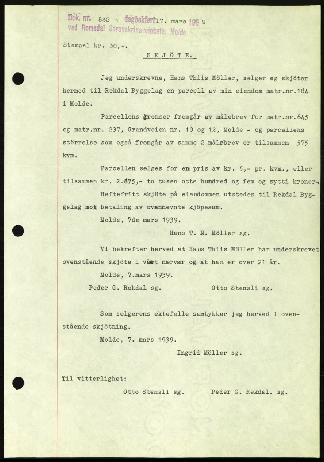 Romsdal sorenskriveri, AV/SAT-A-4149/1/2/2C: Pantebok nr. A6, 1938-1939, Dagboknr: 532/1939