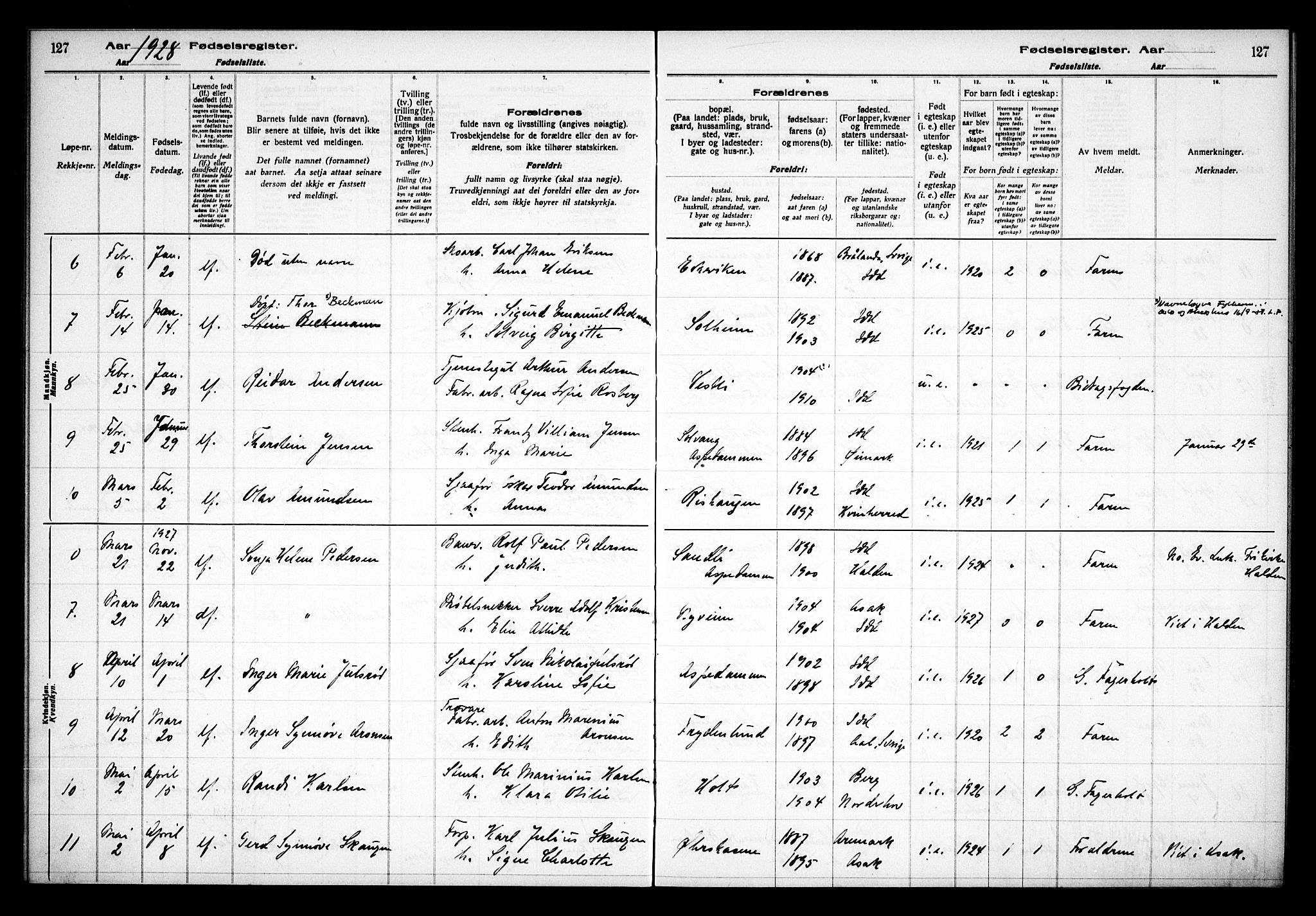 Idd prestekontor Kirkebøker, AV/SAO-A-10911/J/Ja/L0001: Fødselsregister nr. I 1, 1916-1937, s. 127