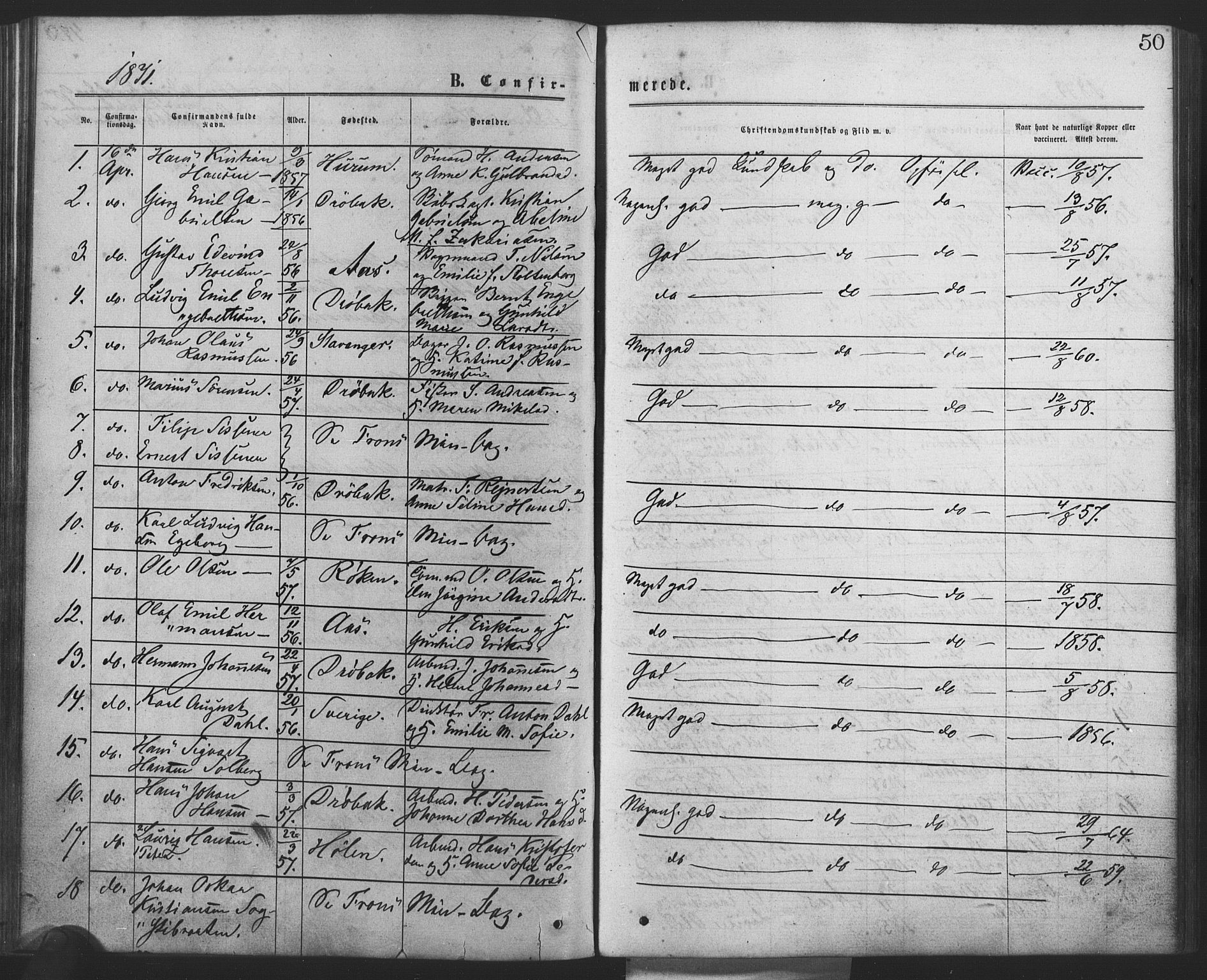 Drøbak prestekontor Kirkebøker, AV/SAO-A-10142a/F/Fa/L0003: Ministerialbok nr. I 3, 1871-1877, s. 50