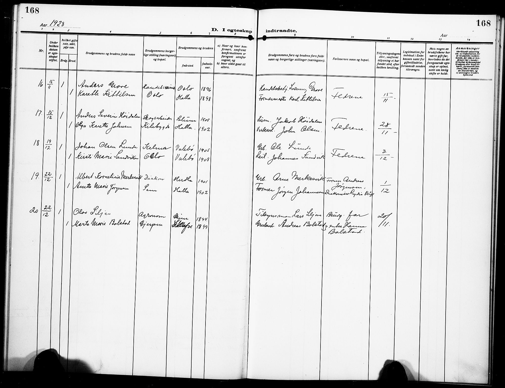 Holla kirkebøker, AV/SAKO-A-272/G/Ga/L0006: Klokkerbok nr. I 6, 1917-1928, s. 168
