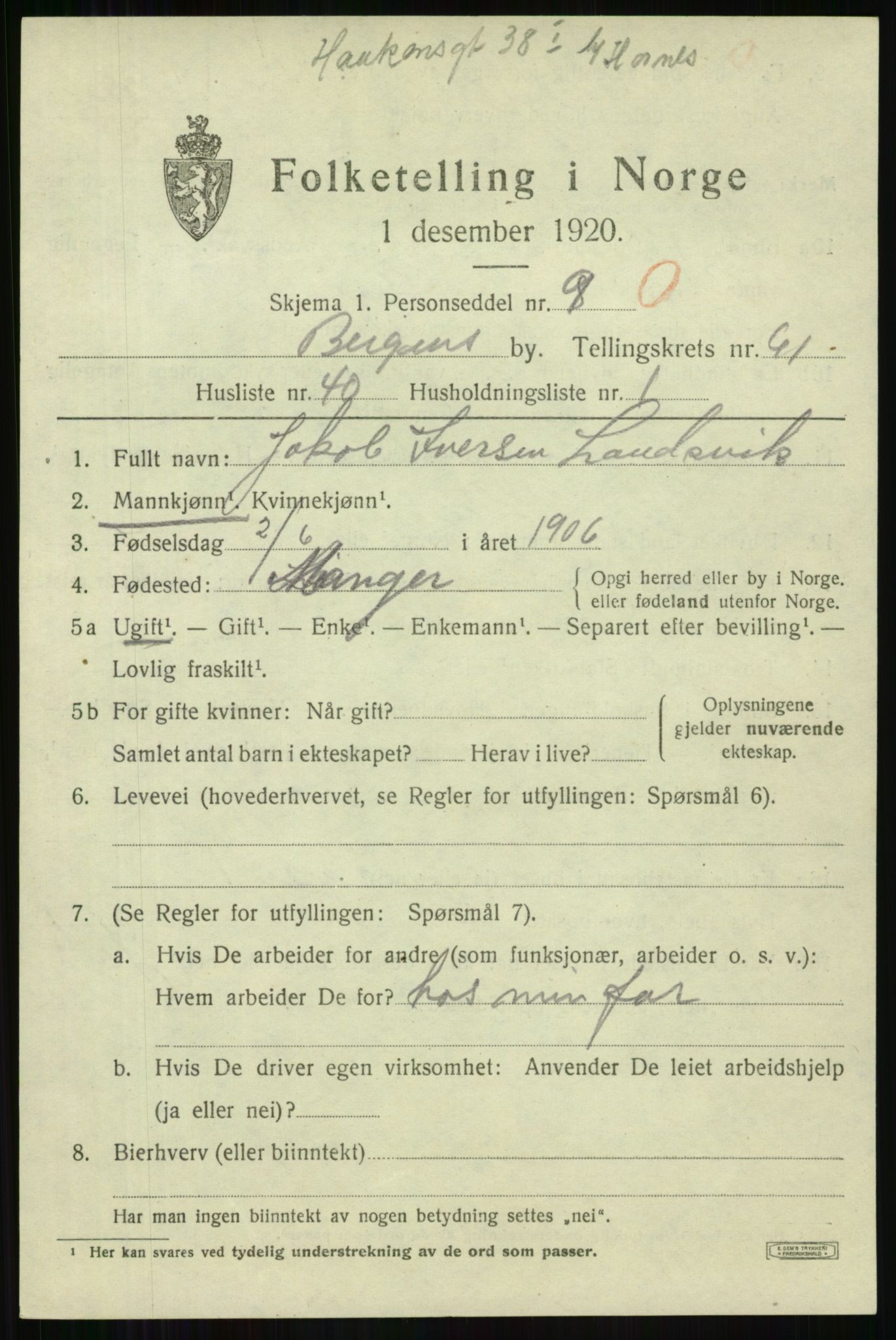 SAB, Folketelling 1920 for 1301 Bergen kjøpstad, 1920, s. 130796