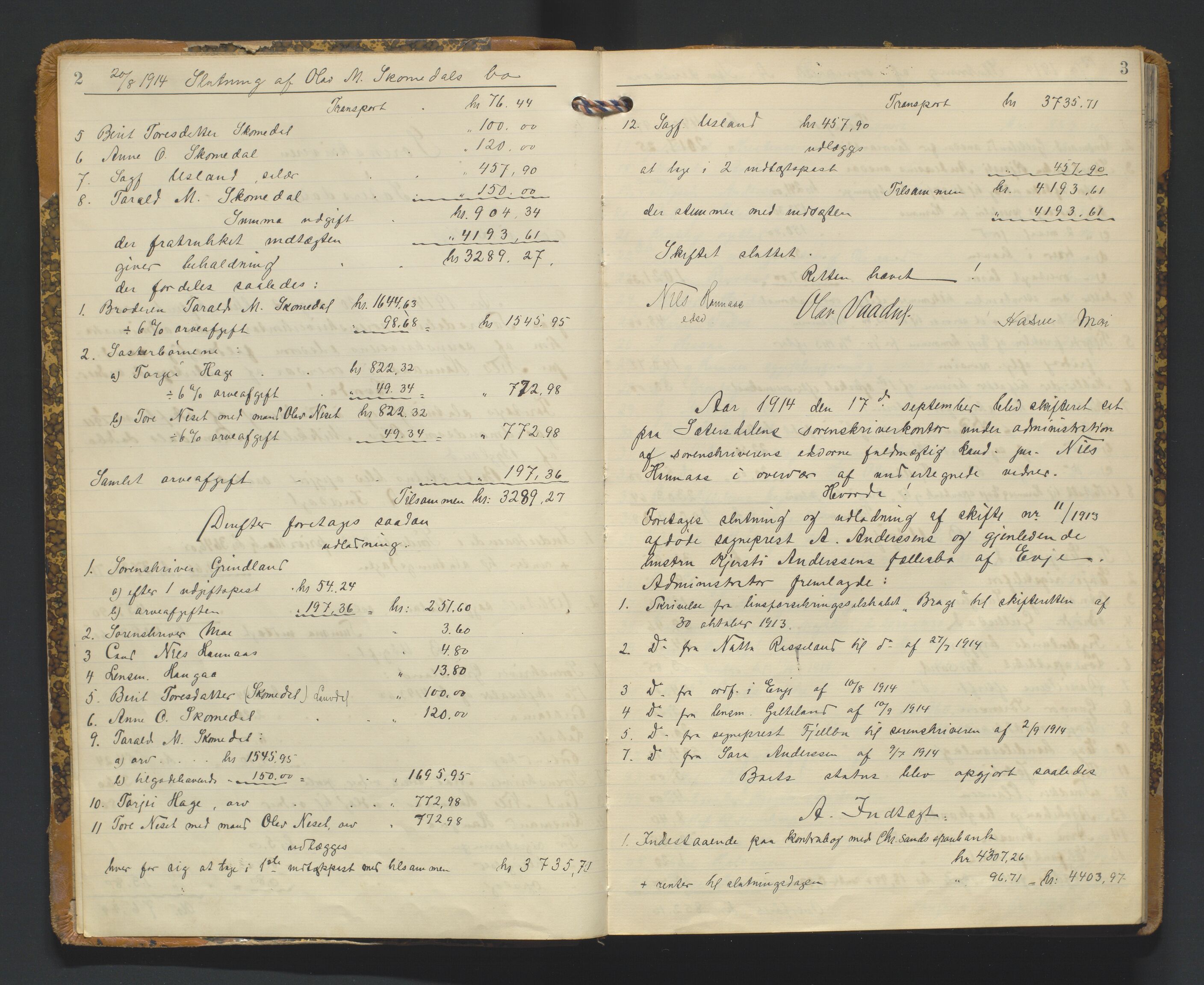 Setesdal sorenskriveri, SAK/1221-0011/H/Hc/L0050: Skifteutlodningsprotokoll nr 4, med register, 1914-1924, s. 2-3