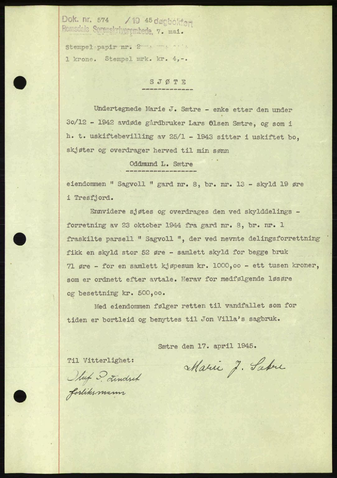 Romsdal sorenskriveri, SAT/A-4149/1/2/2C: Pantebok nr. A17, 1944-1945, Dagboknr: 574/1945