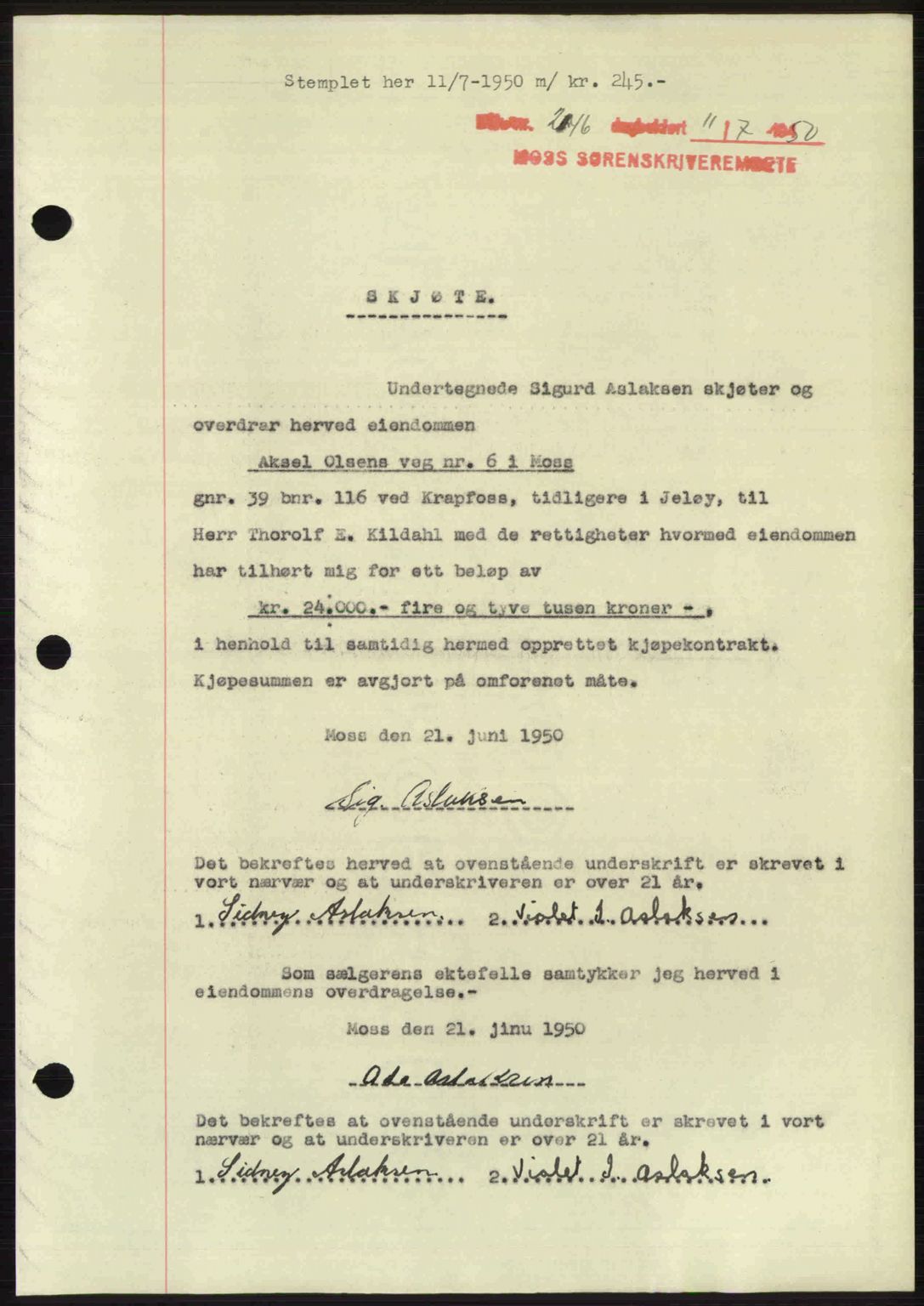 Moss sorenskriveri, SAO/A-10168: Pantebok nr. A26, 1950-1950, Dagboknr: 2116/1950