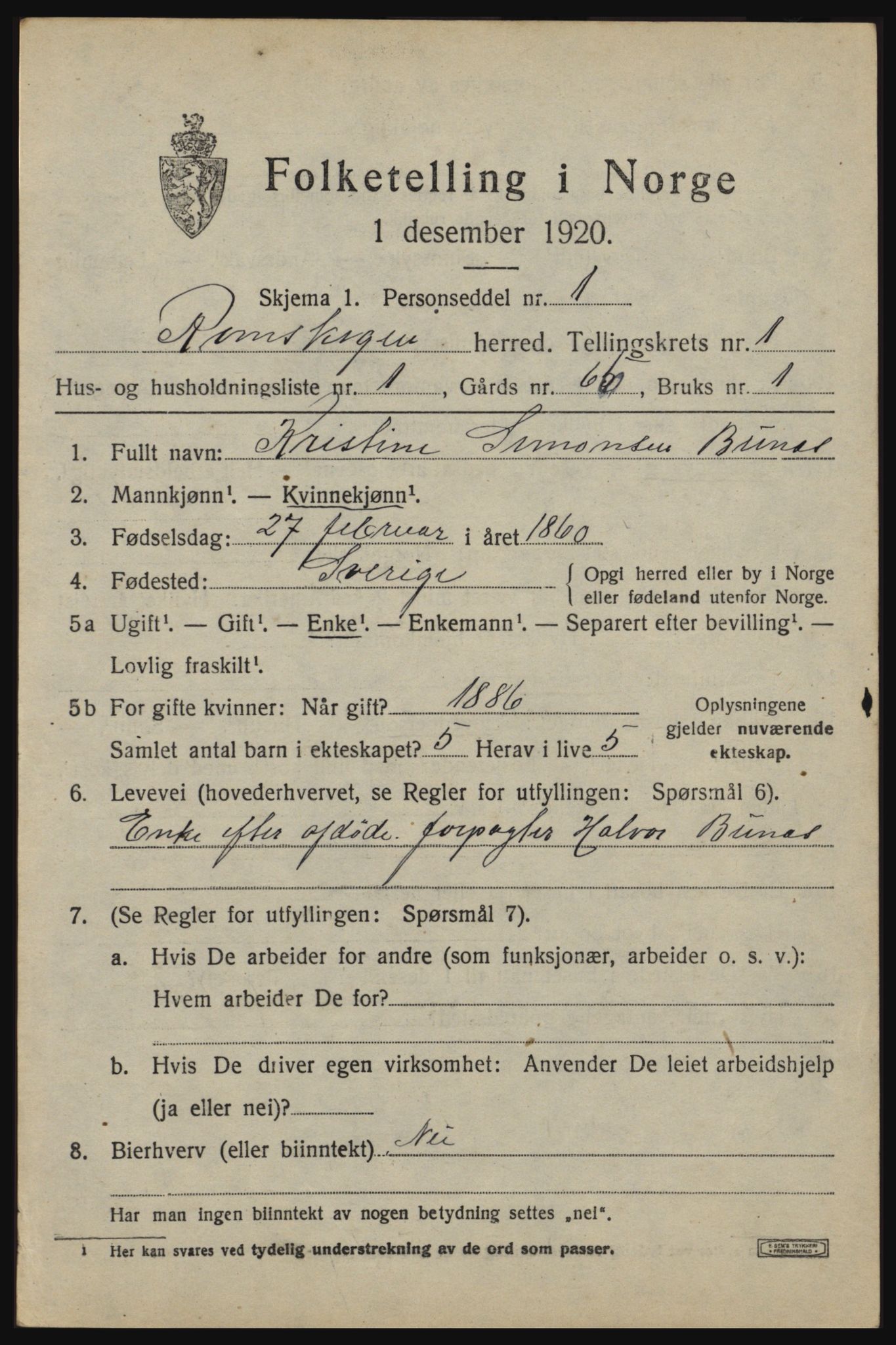 SAO, Folketelling 1920 for 0121 Rømskog herred, 1920, s. 222
