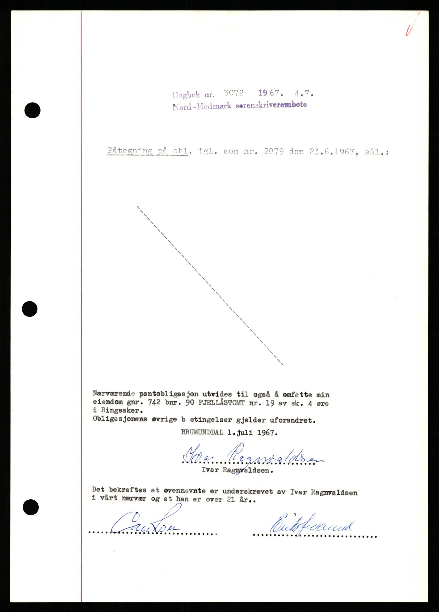 Nord-Hedmark sorenskriveri, SAH/TING-012/H/Hb/Hbf/L0071: Pantebok nr. B71, 1967-1967, Dagboknr: 3072/1967