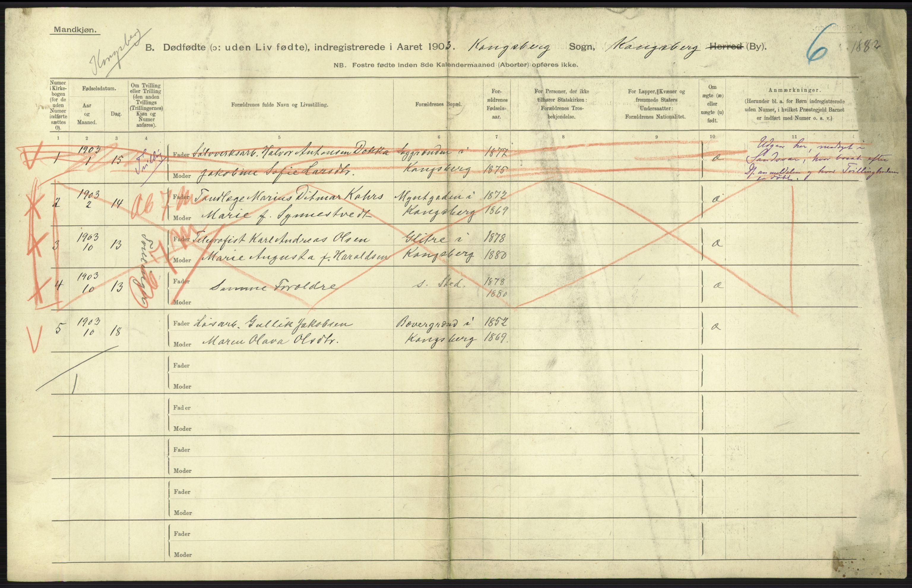 Statistisk sentralbyrå, Sosiodemografiske emner, Befolkning, AV/RA-S-2228/D/Df/Dfa/Dfaa/L0026: Smålenenes - Finnmarkens amt: Dødfødte. Byer., 1903, s. 201